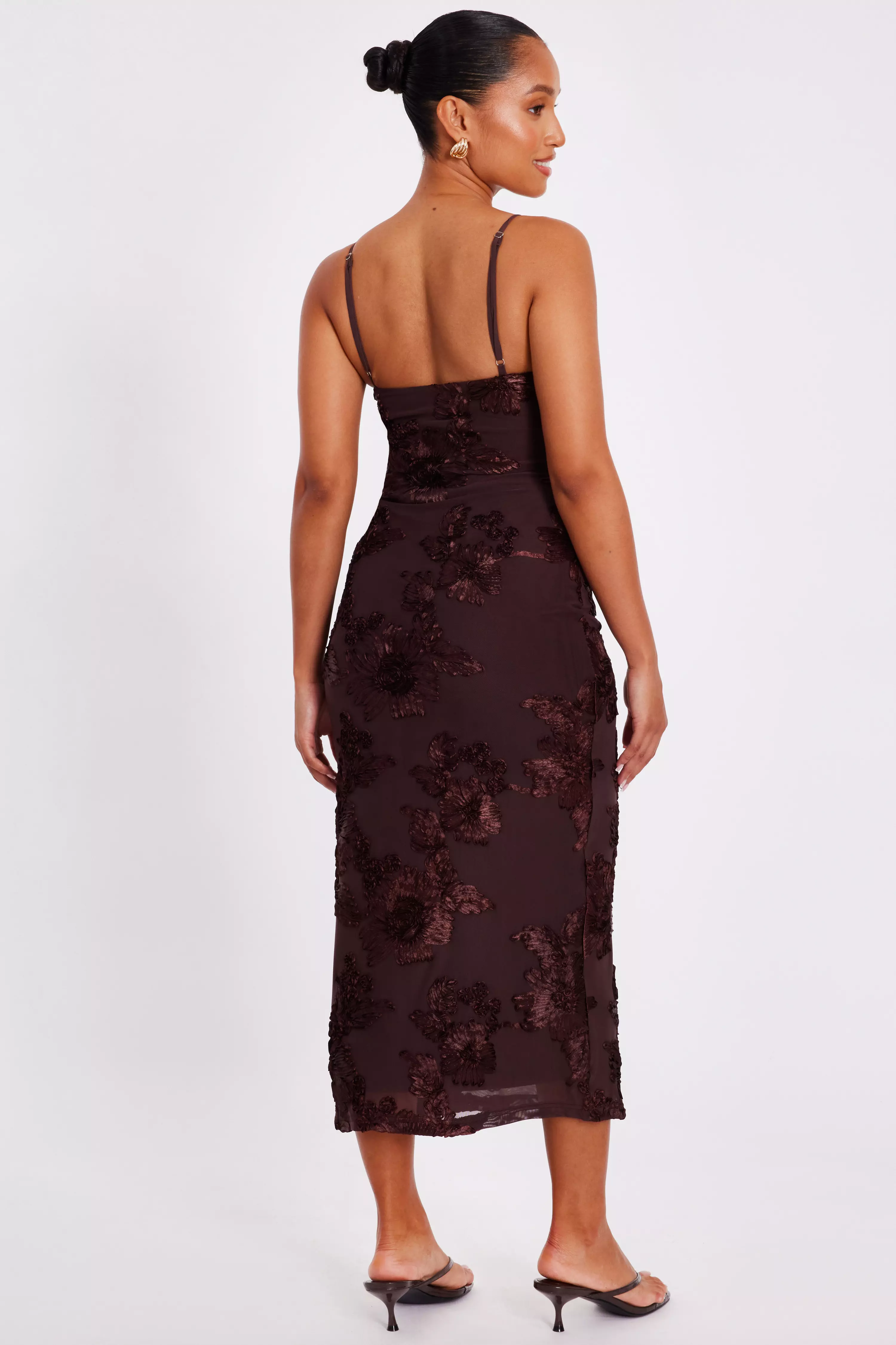 Petite Brown Floral Applique Midaxi Dress