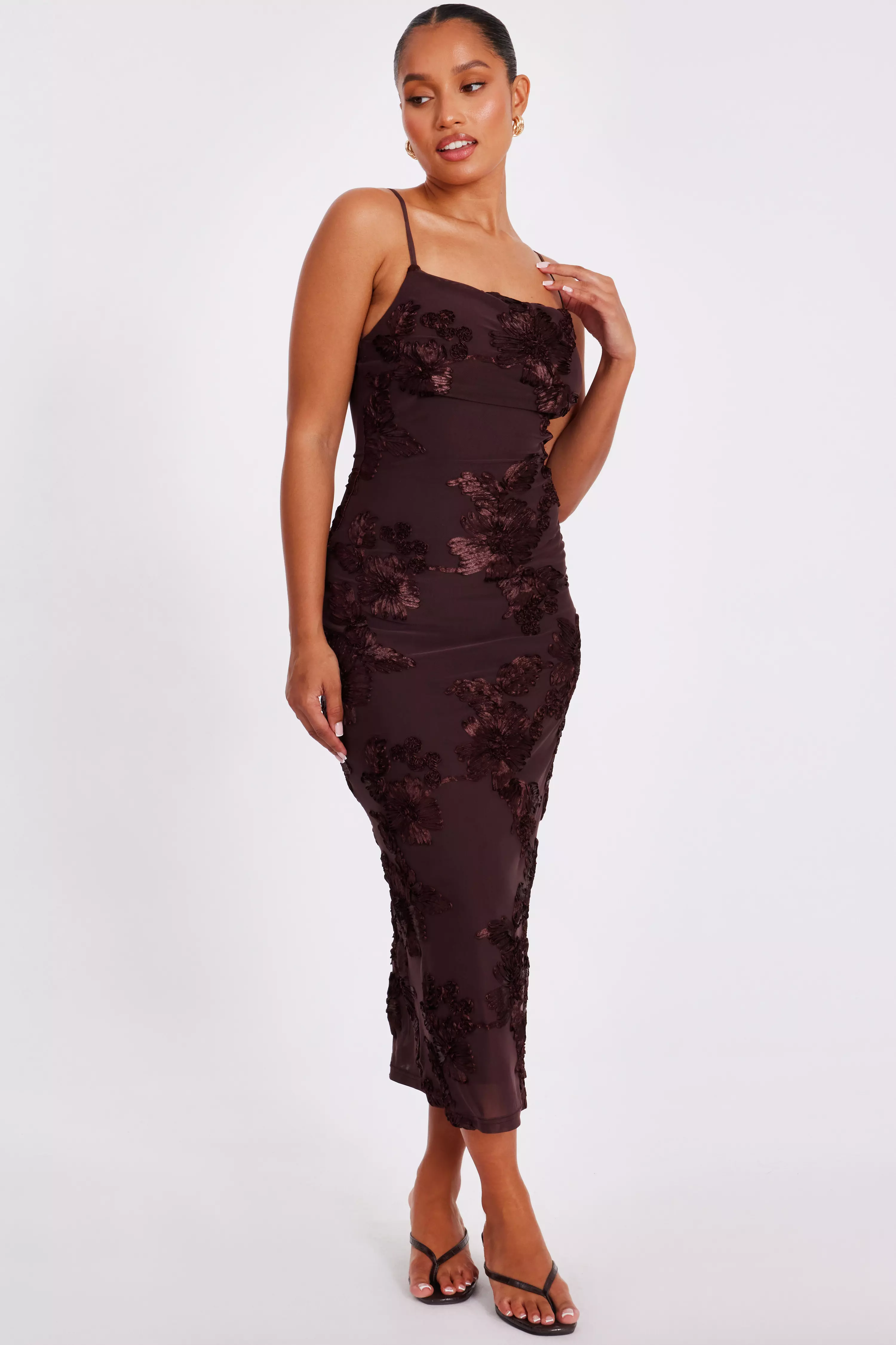 Petite Brown Floral Applique Midaxi Dress