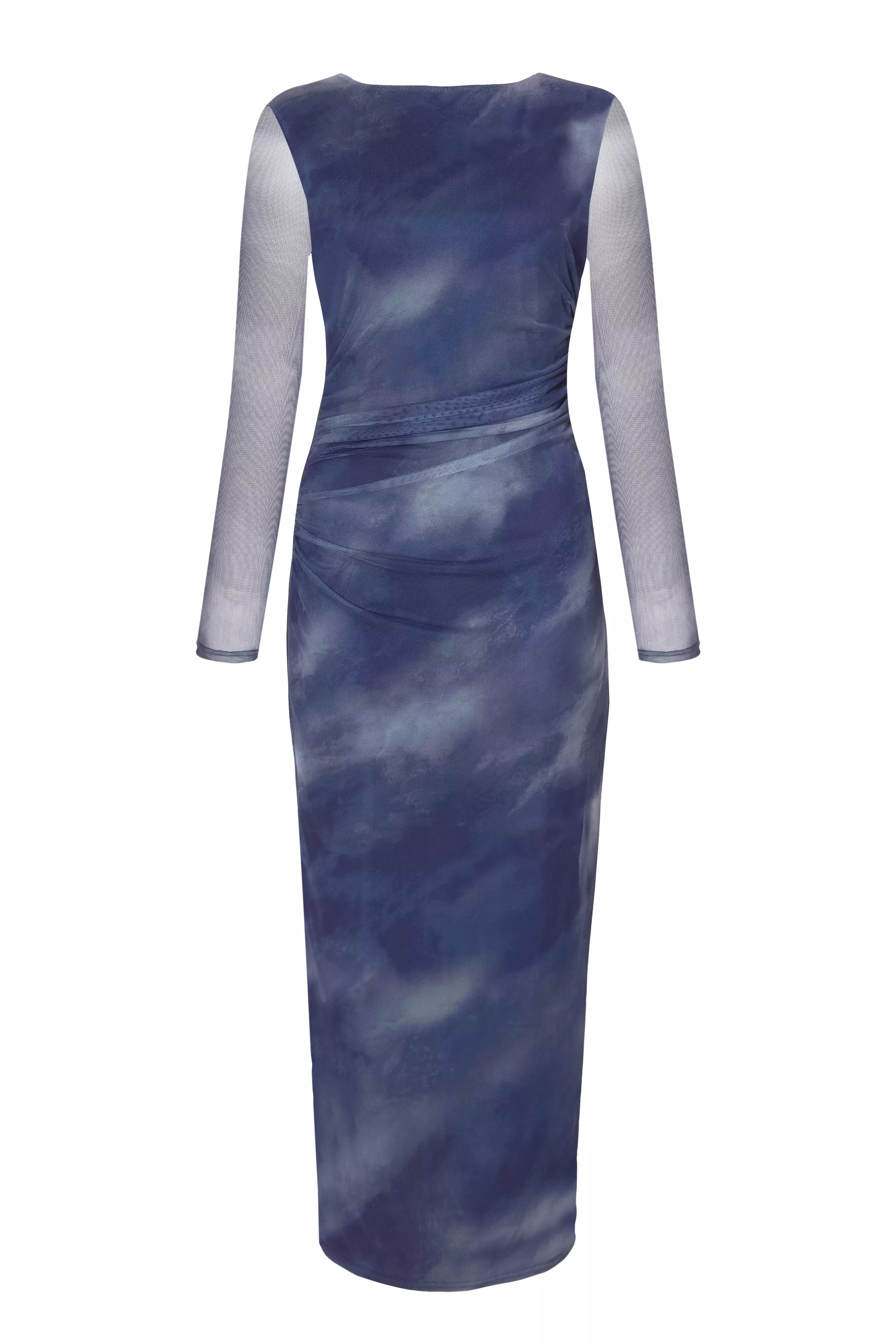 Petite Blue Printed Long Sleeve Midaxi Dress