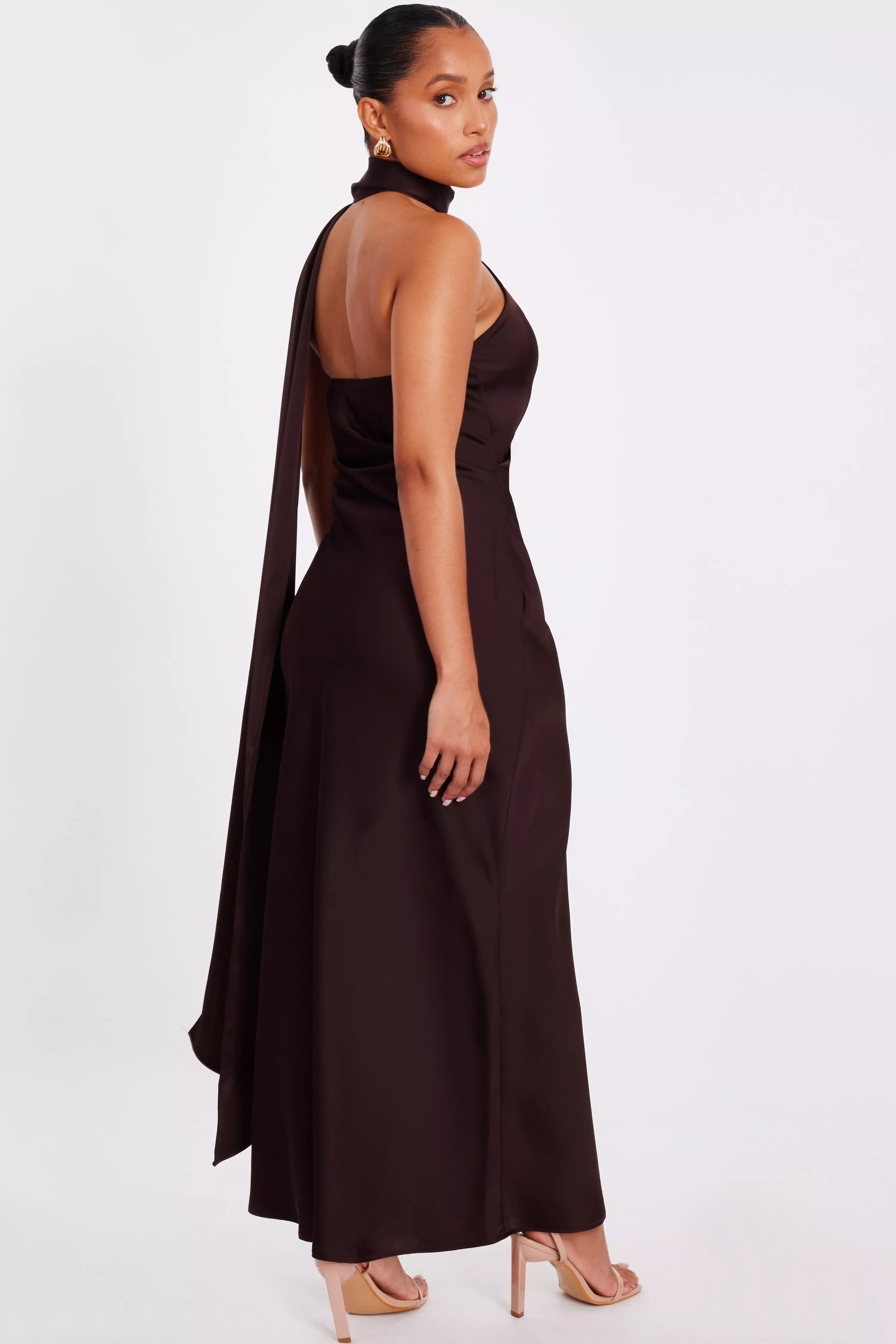 Petite Brown Satin Wrap Neck Maxi Dress