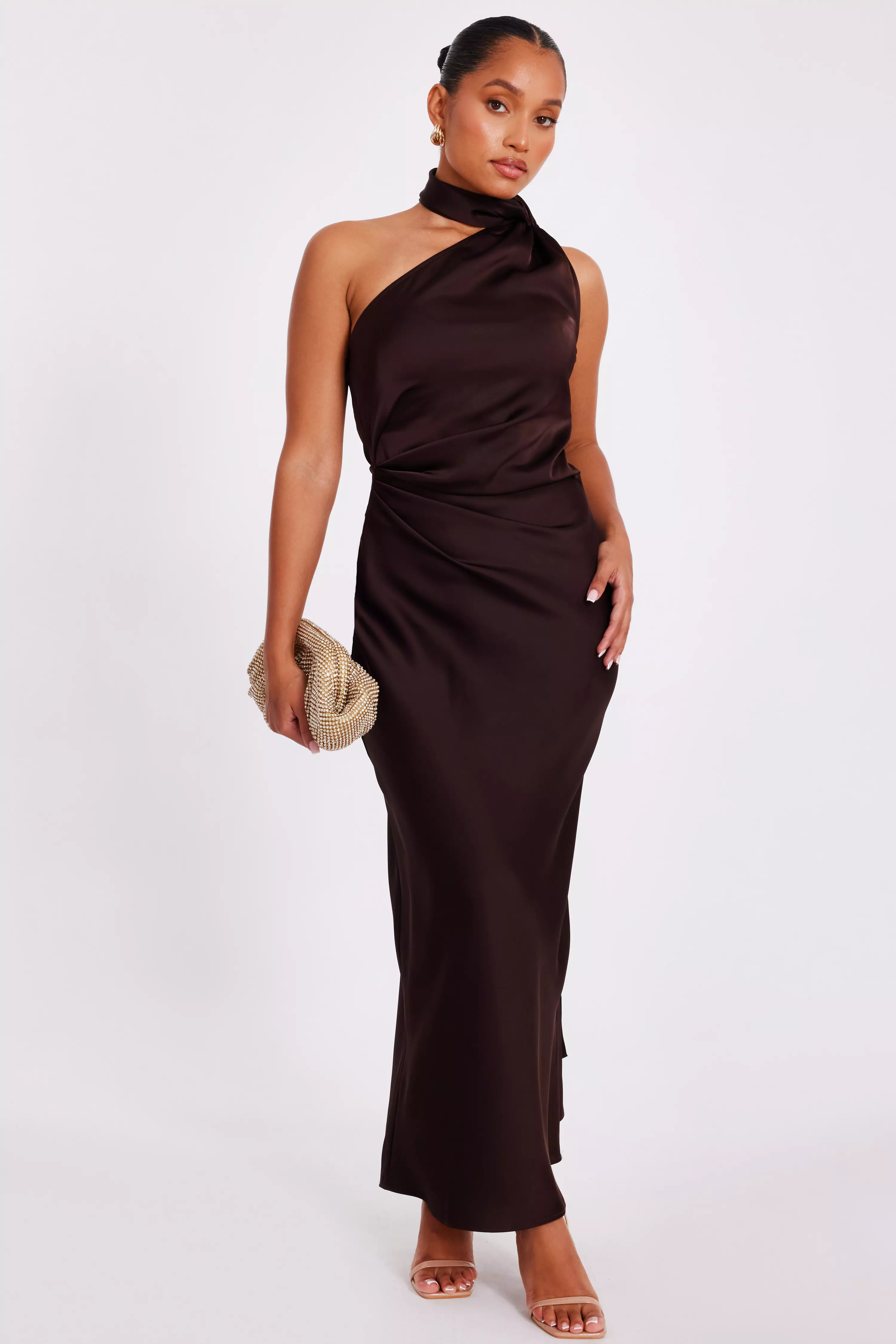 Petite Brown Satin Wrap Neck Maxi Dress