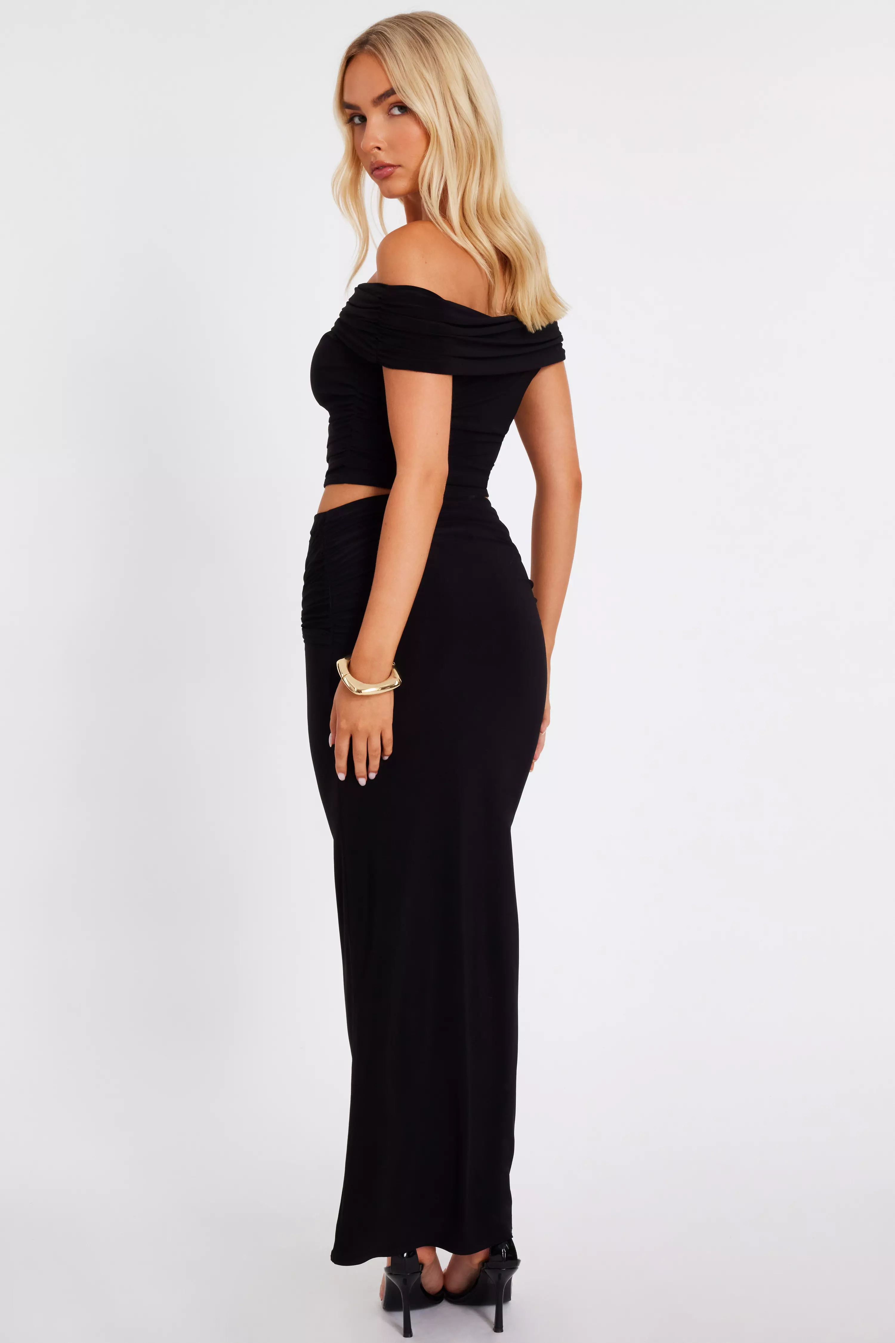 Black Ruched Bardot Crop Top