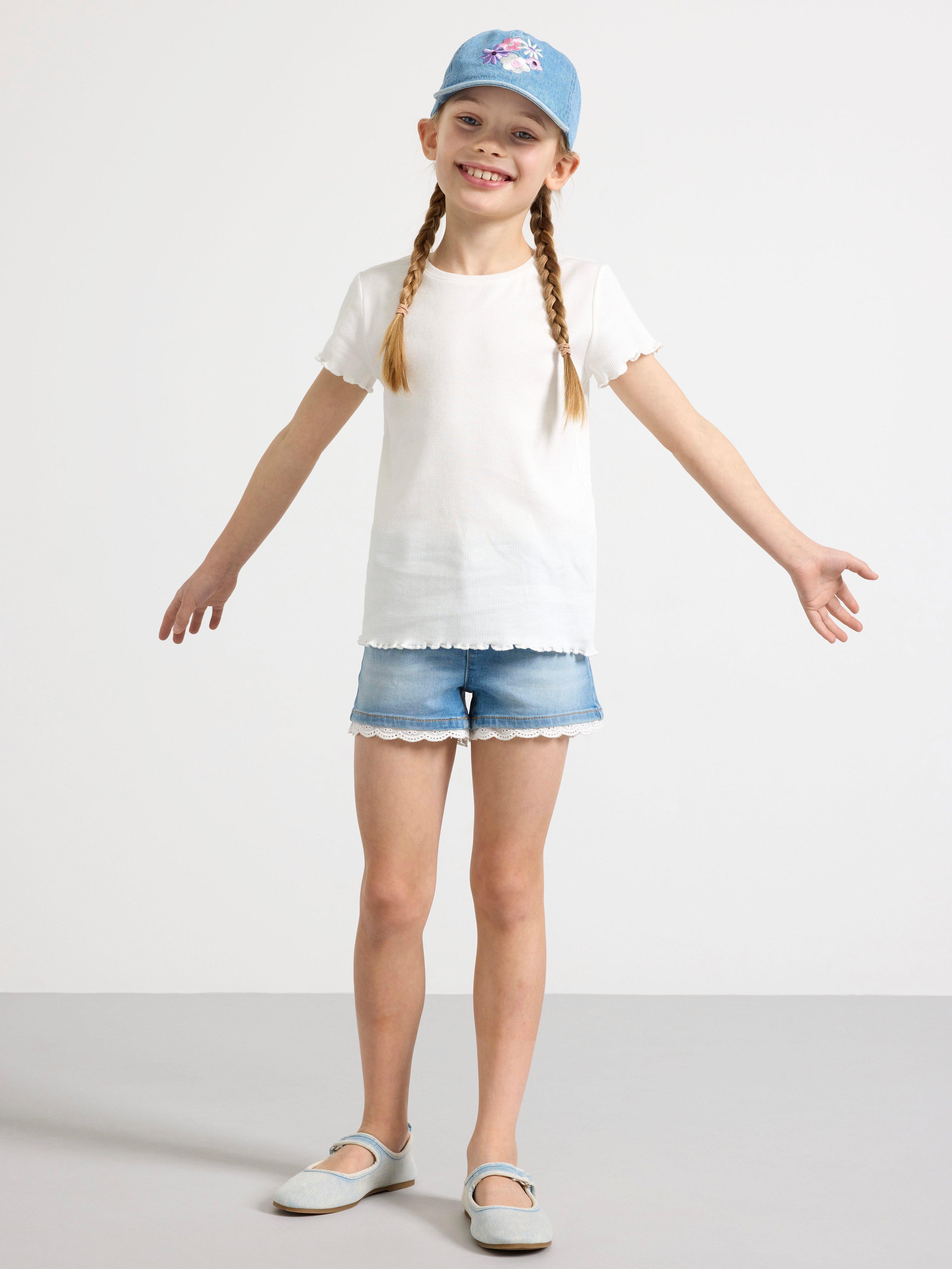 Little Kids' Lace Trim Denim Shorts in Light Wash/white