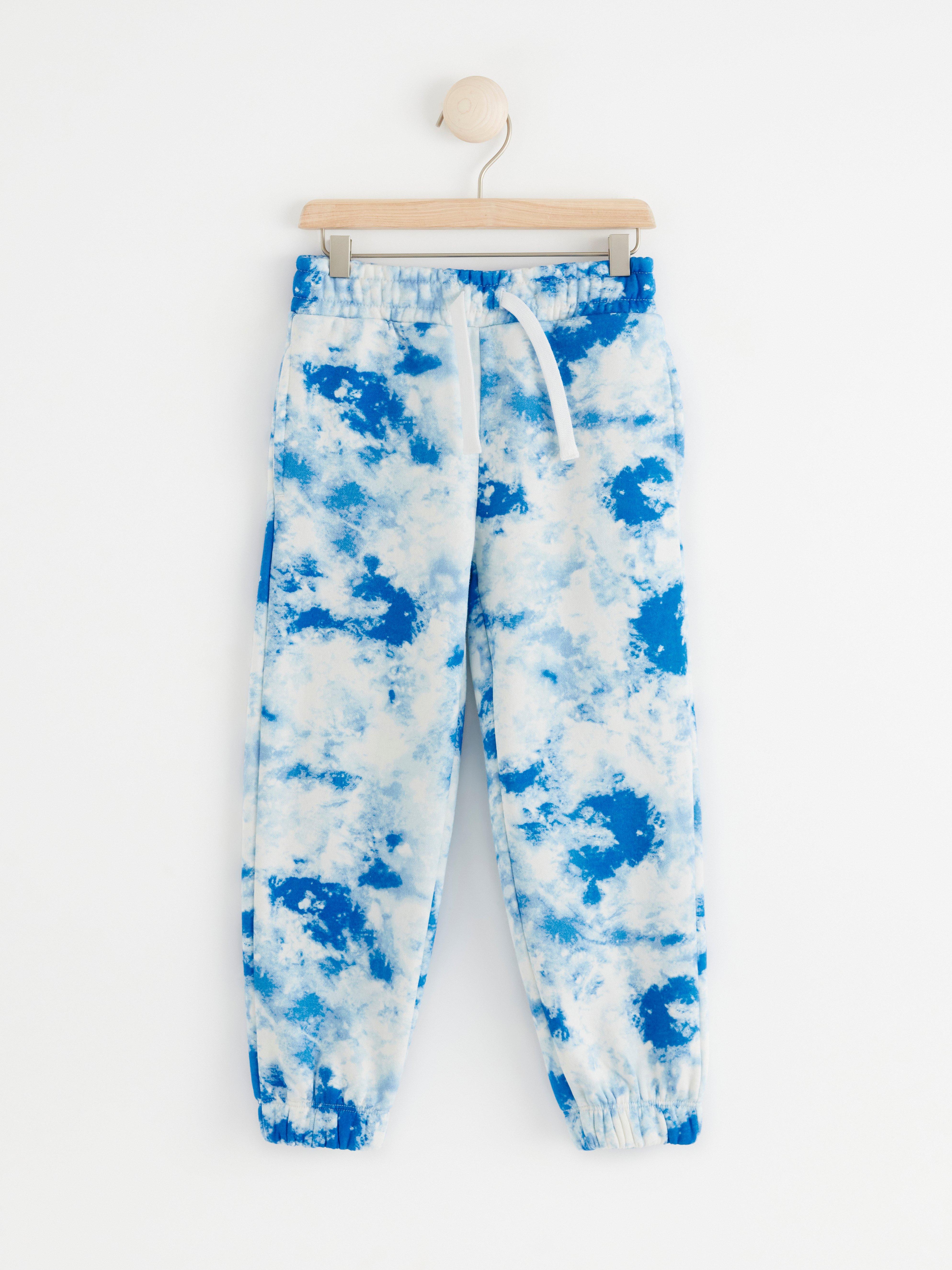 blue and white tie dye sweatpants