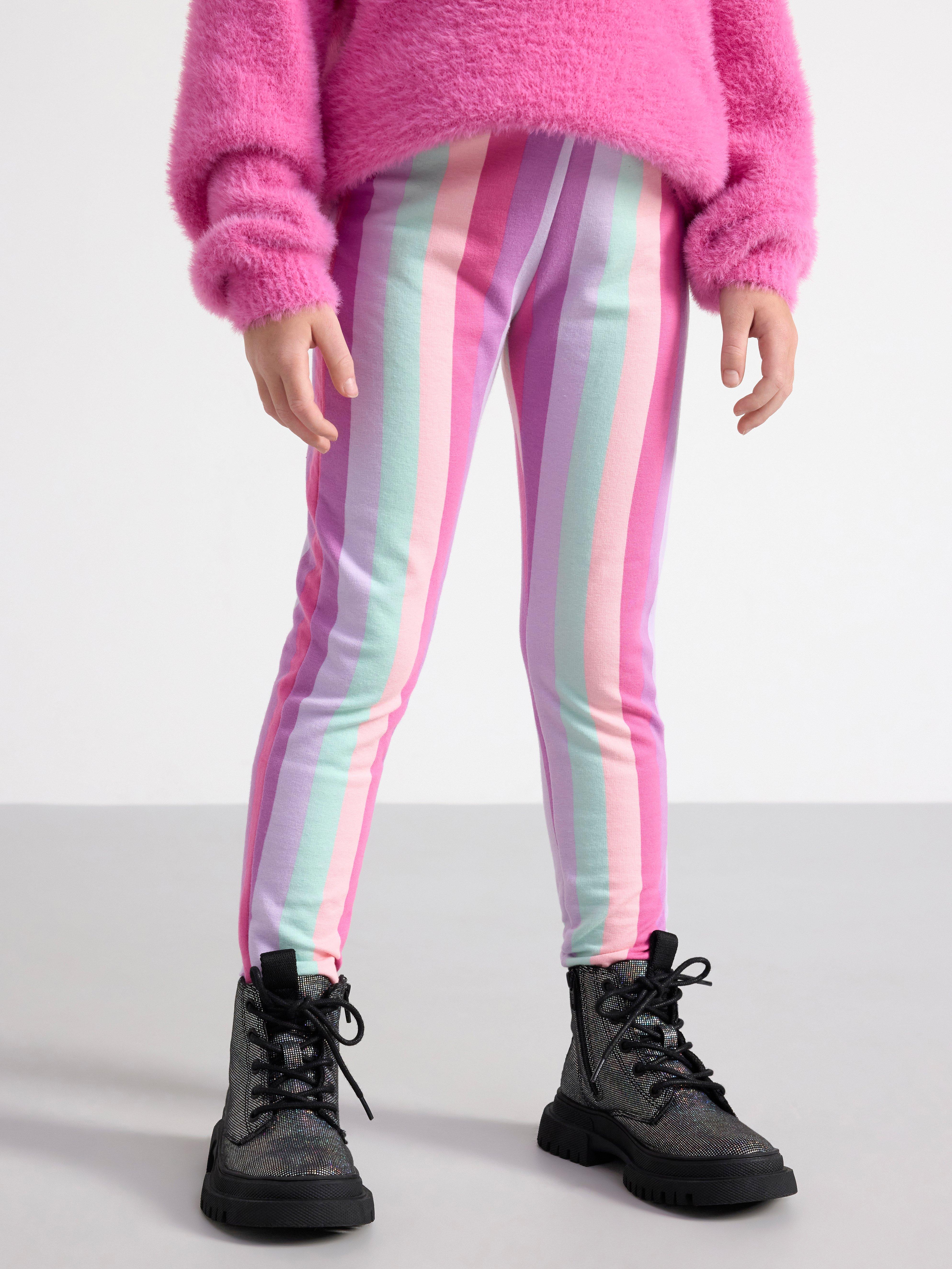Bright pink rainbow striped leggings