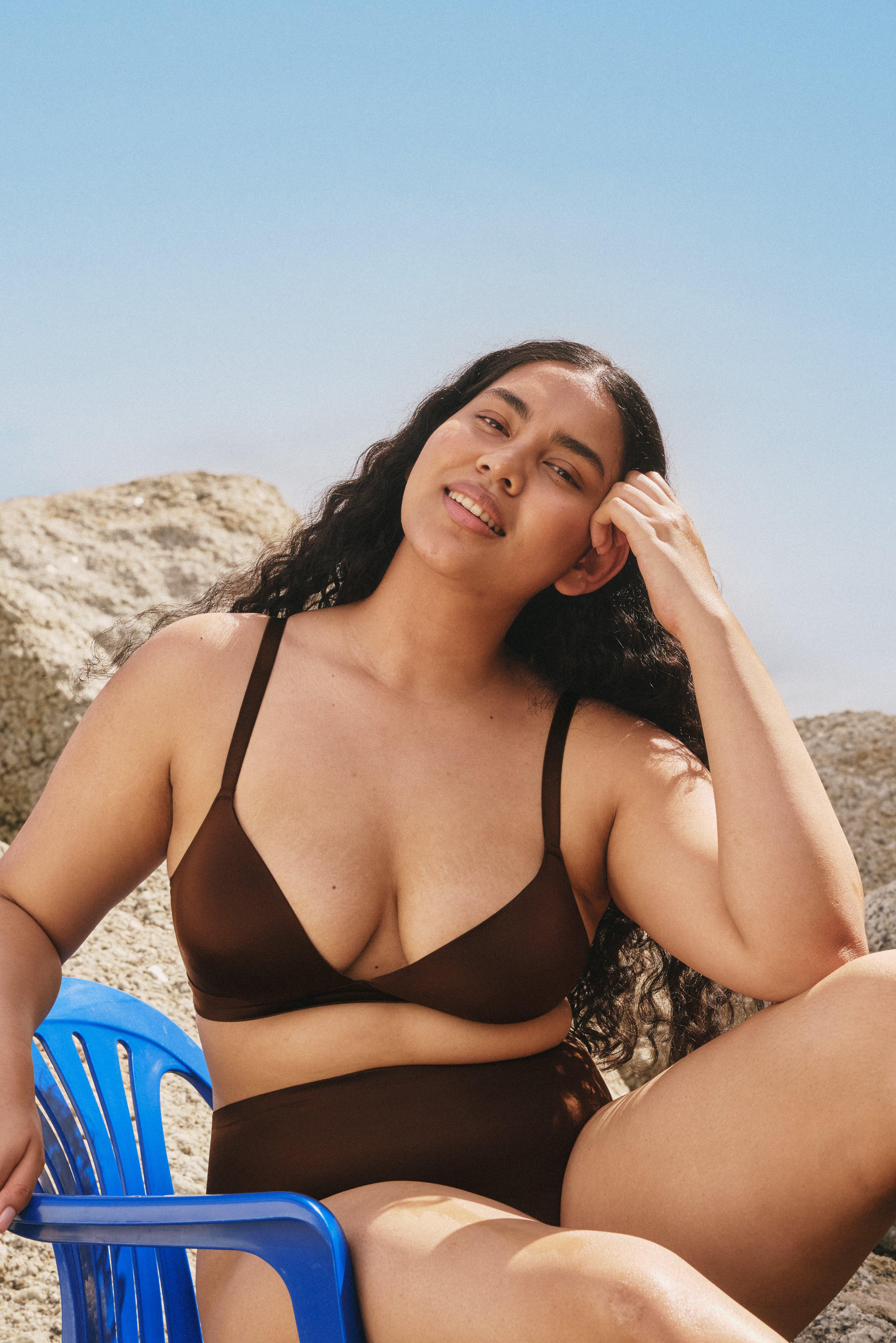 Woman in light coral lace