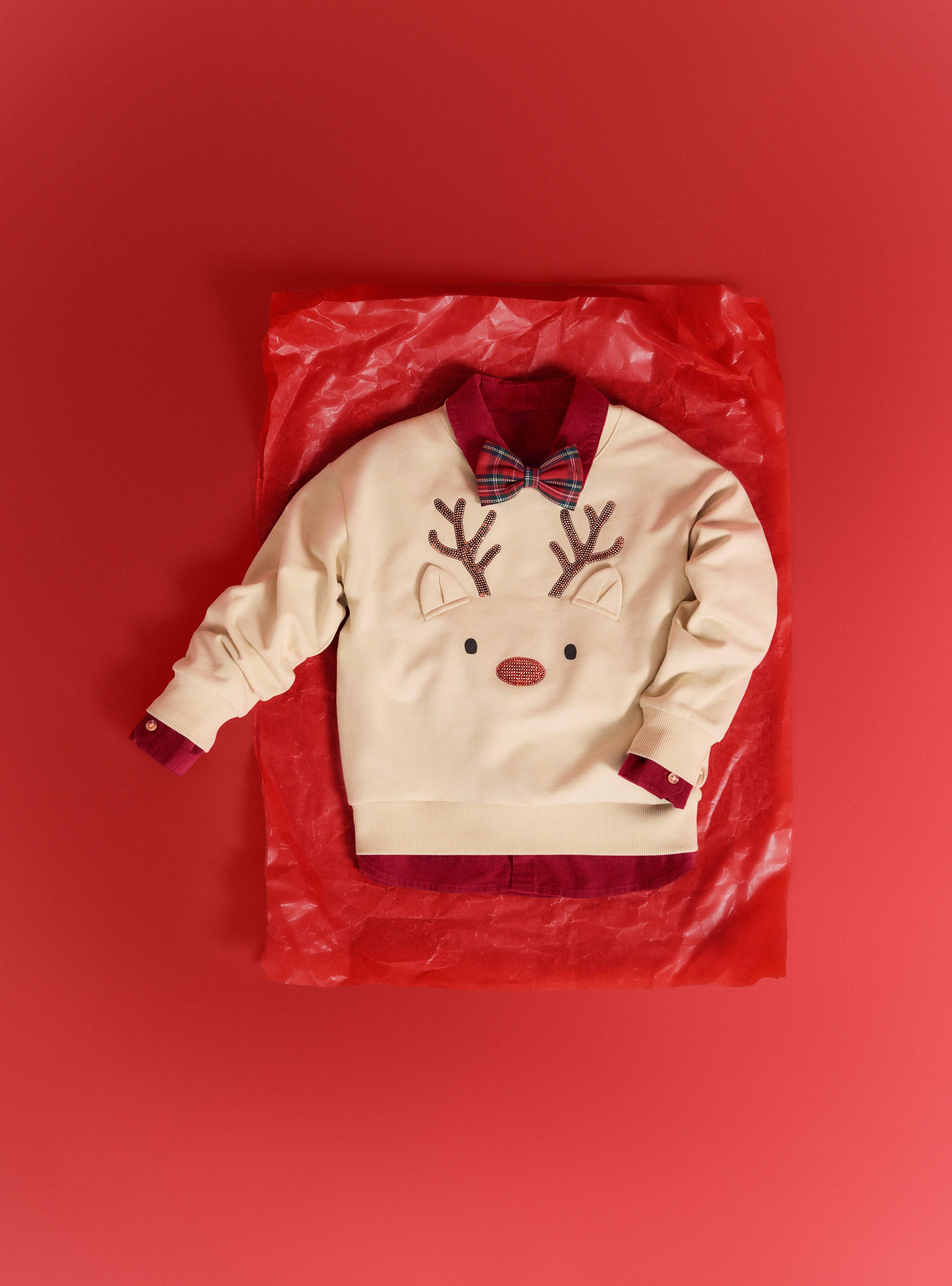 Světlý béžový dětský svetr s dlouhým rukávem s potiskem soba. Na červeném pozadí.