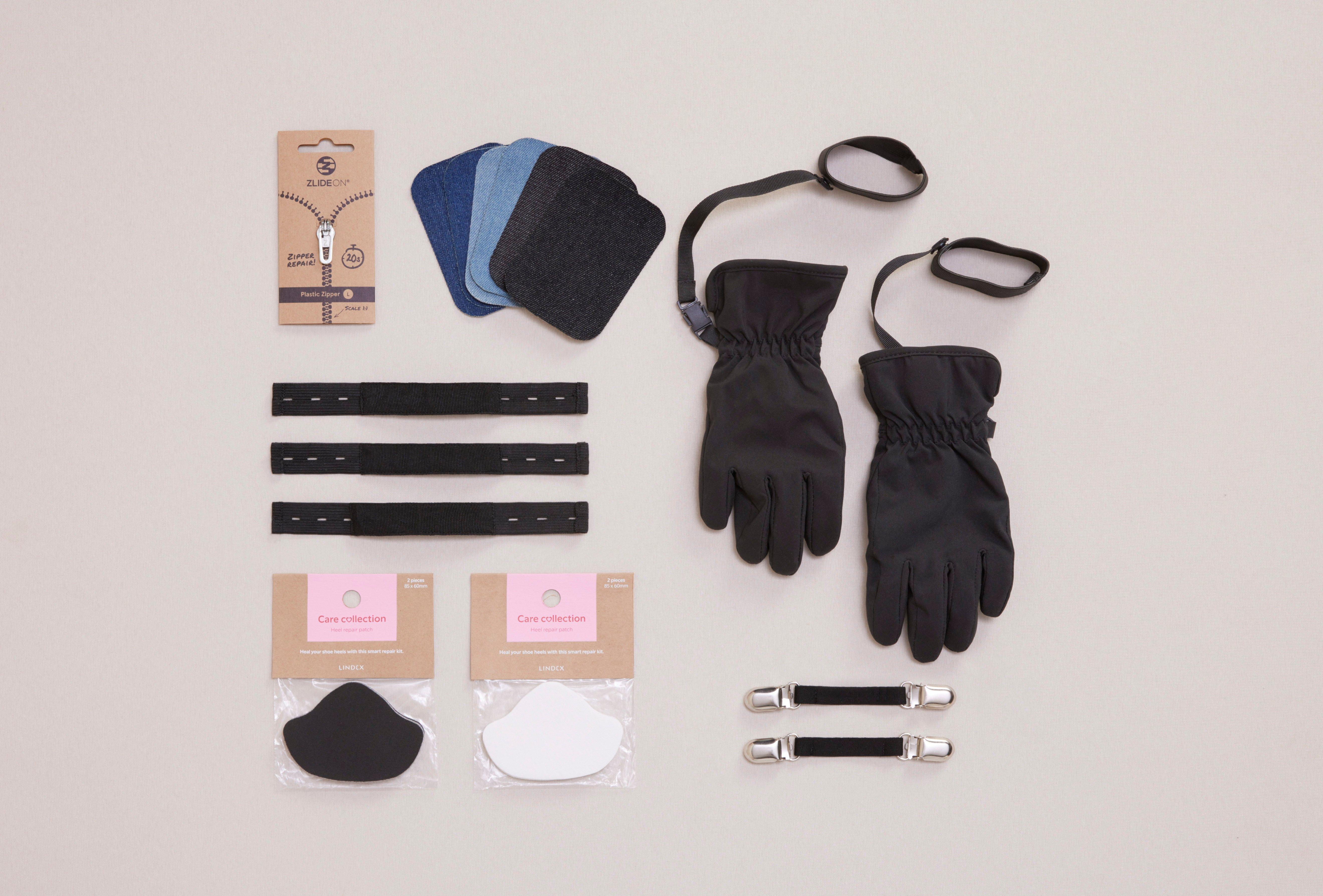  Et bilde av forskjellige reflekser, fotstropper, reparasjonslapper og andre ting du kan kjøpe hos Lindex.