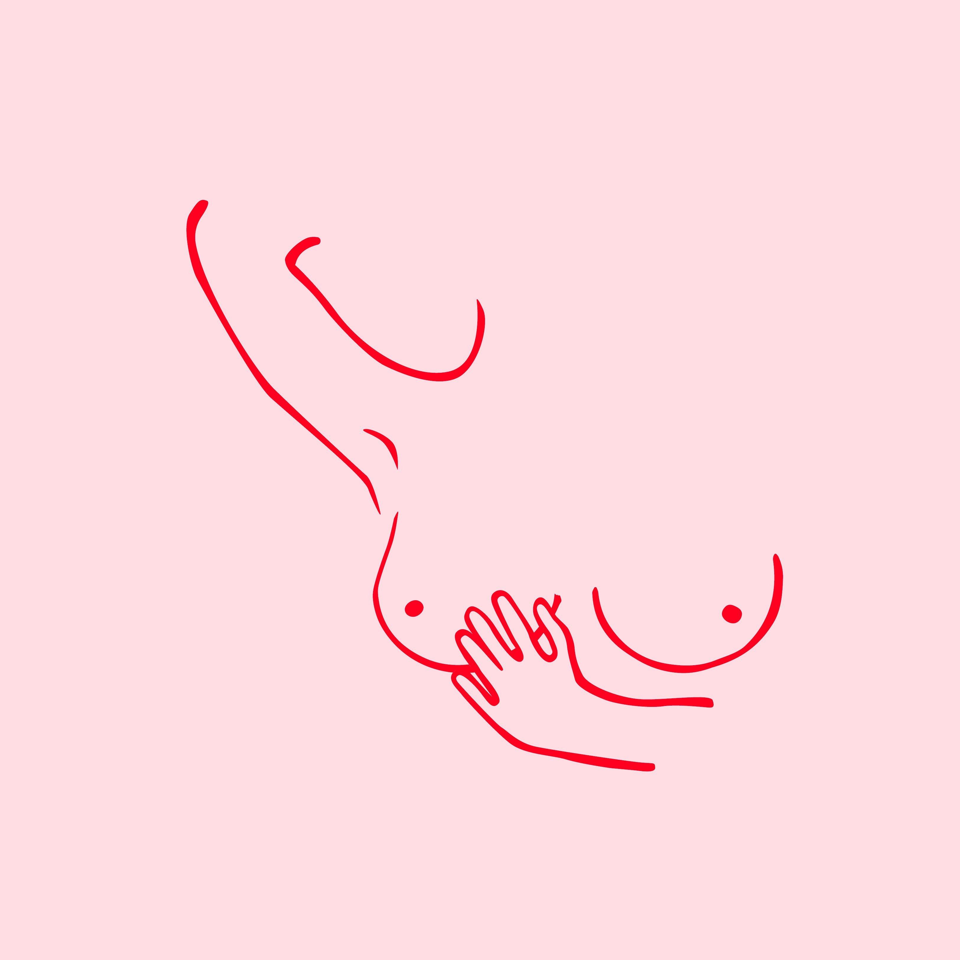 An illustration of a hand examining a pair of breasts.