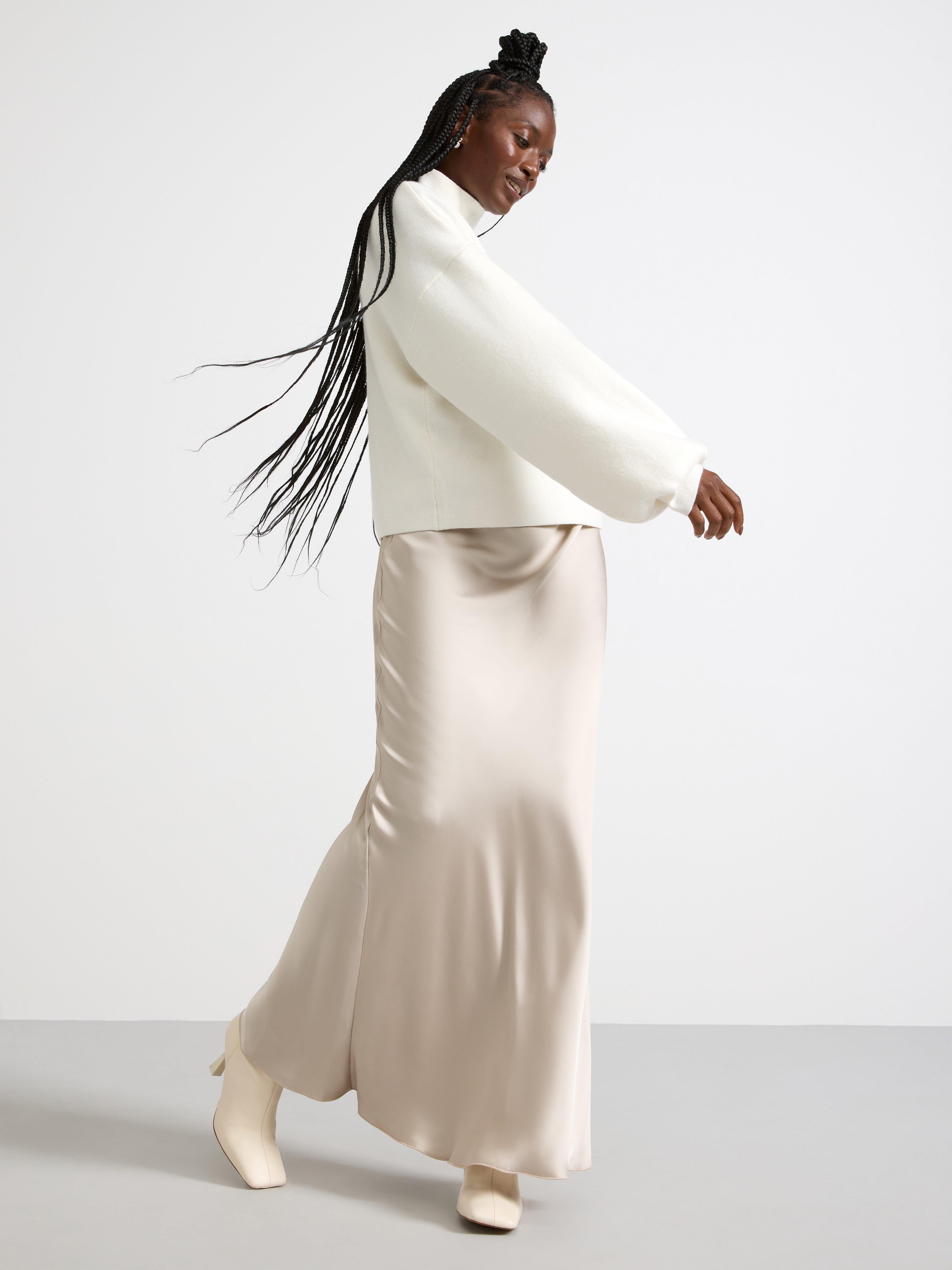 Satin Godet Maxi Skirt In Beige main image 0