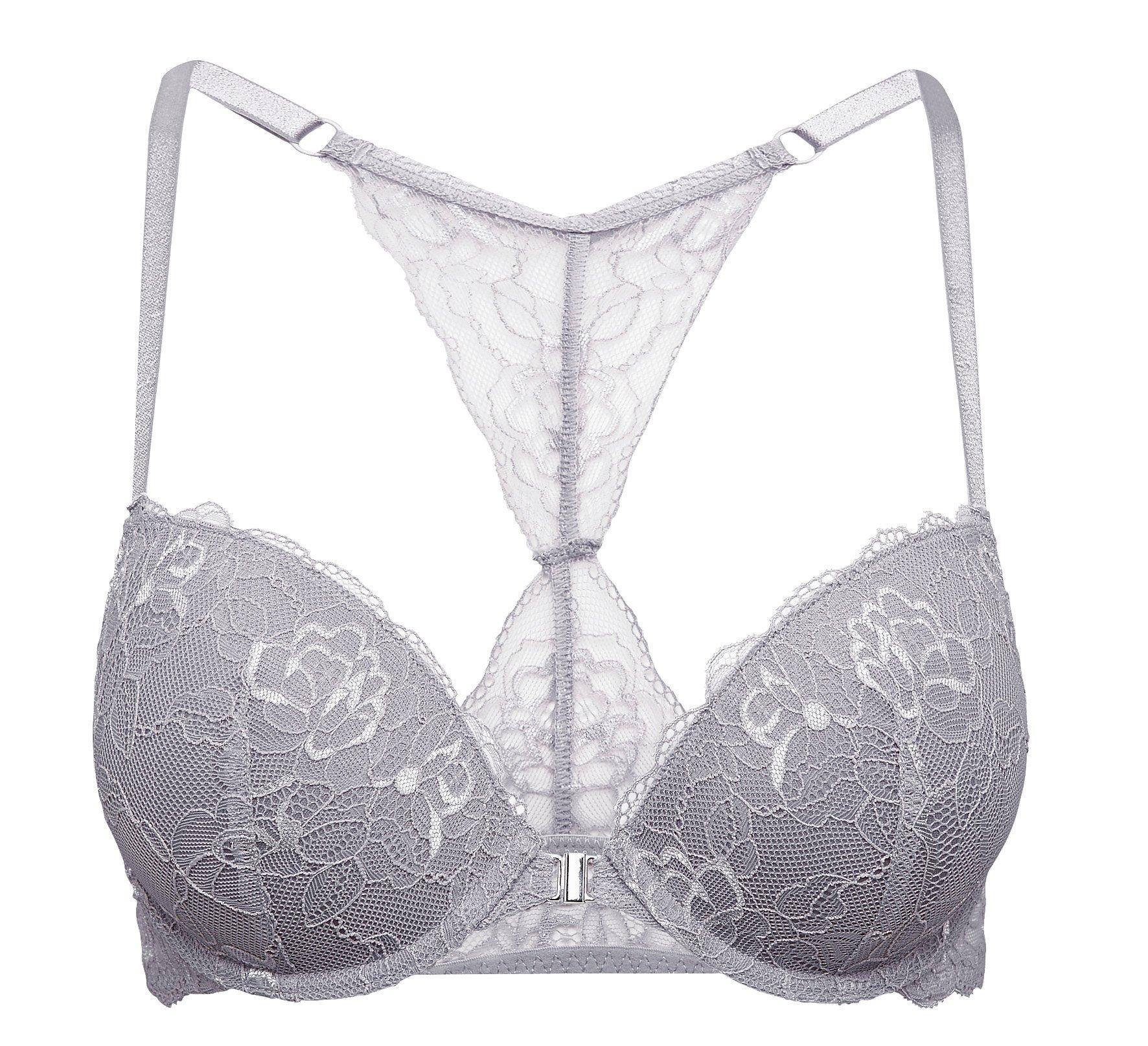 Victoria Secret Bra Racerback Grey Lace Front Clasp Closure Padded