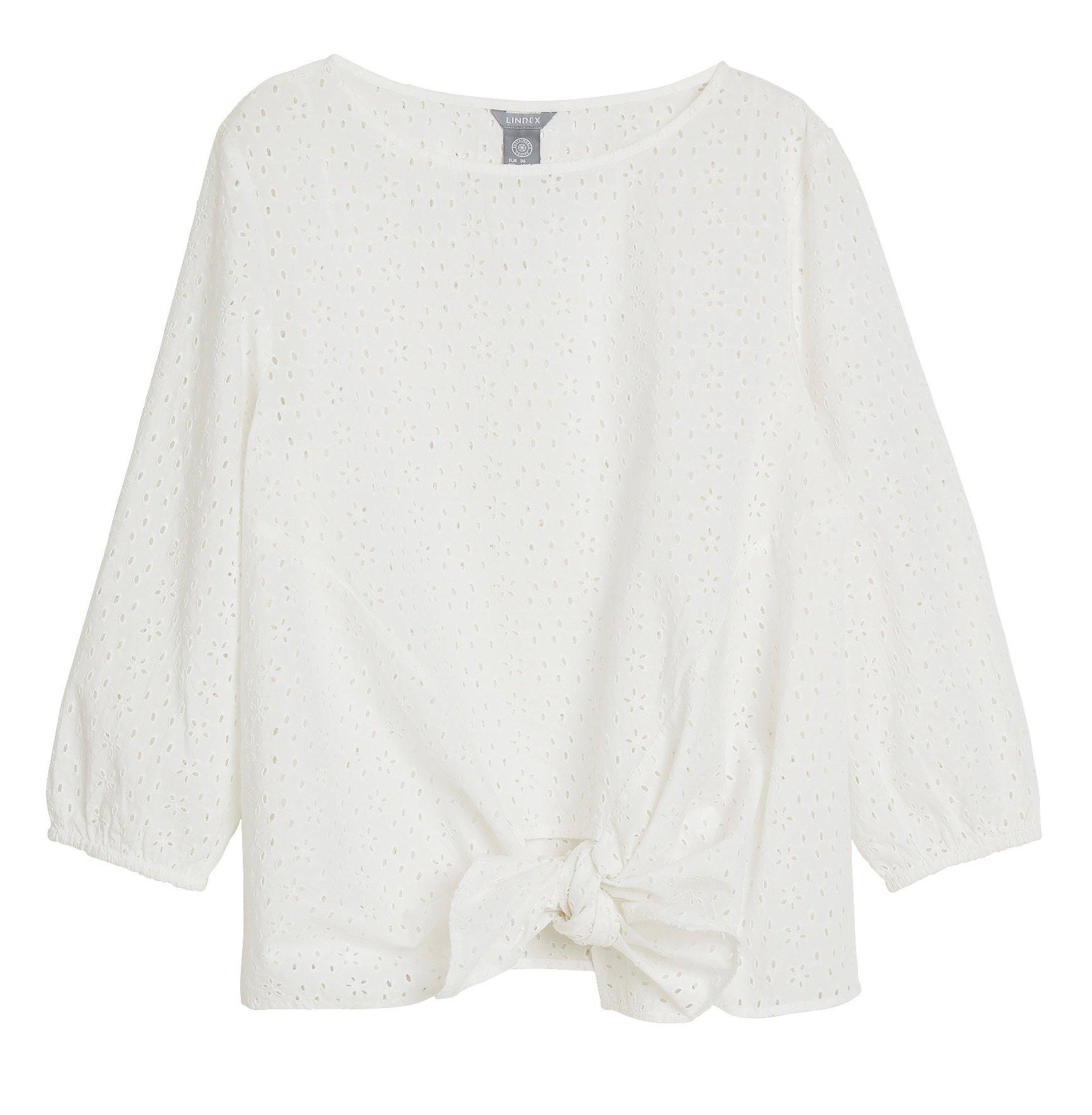 Hullbrodert bluse med knyting foran