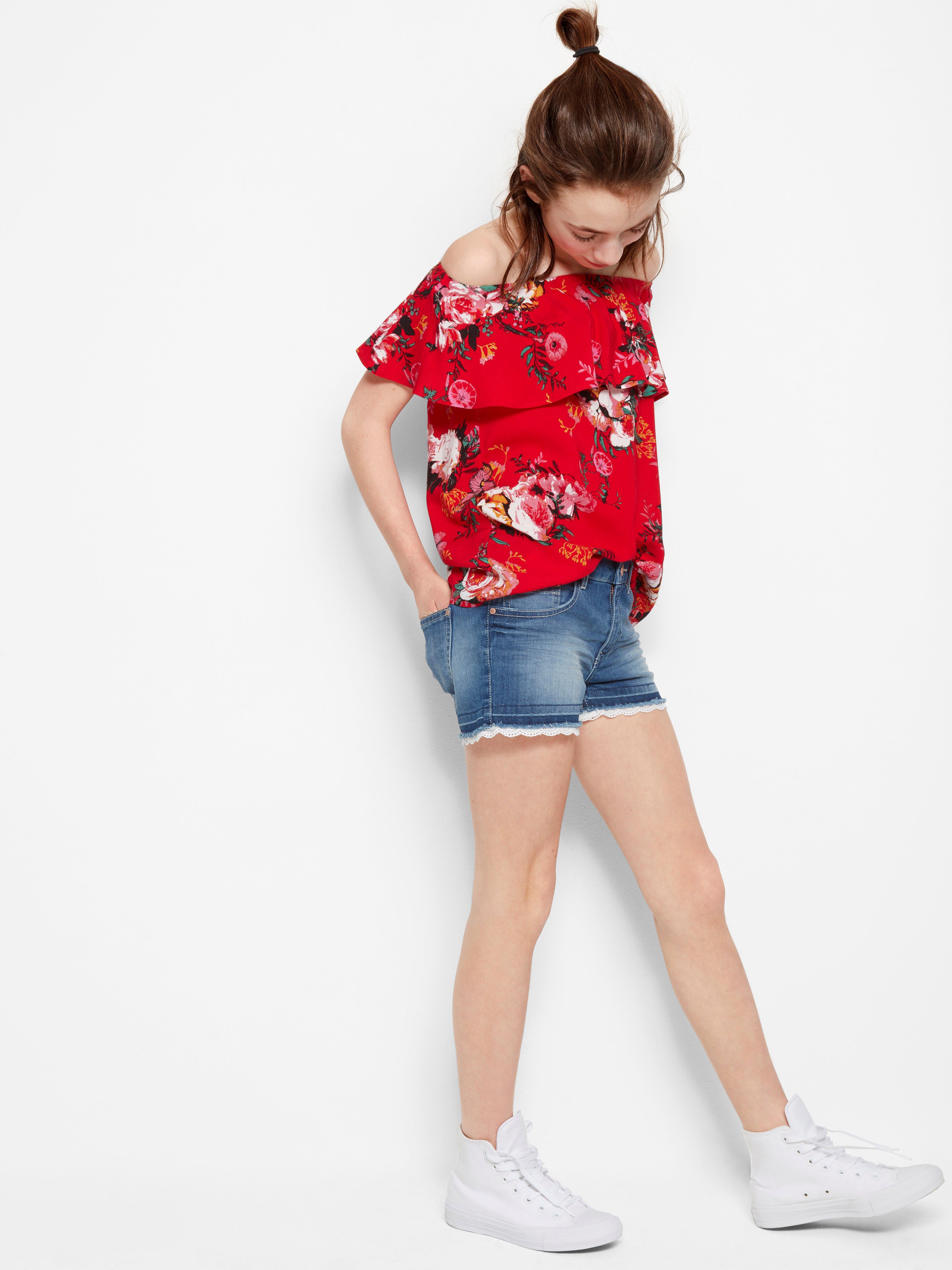 red and blue denim shorts