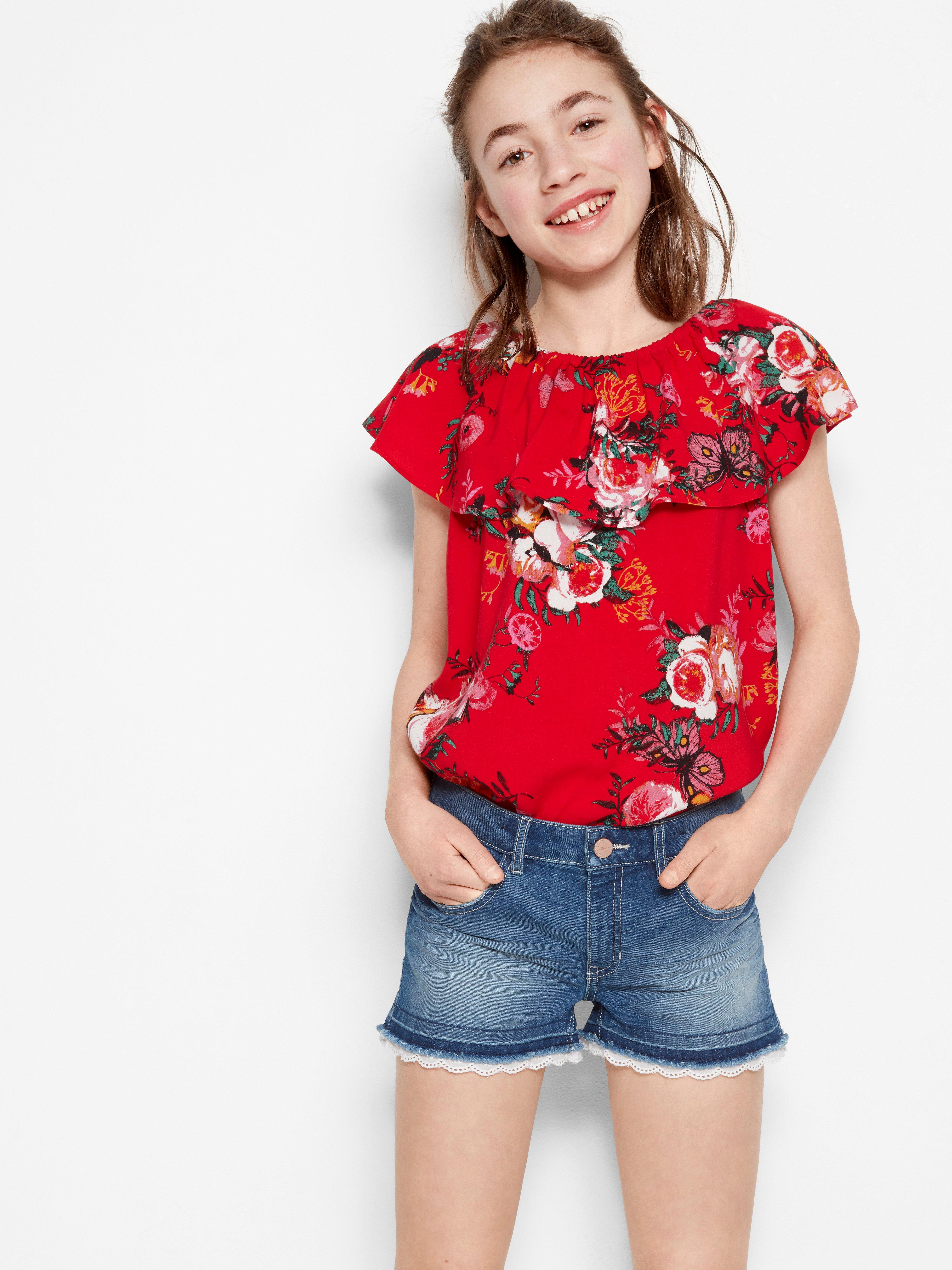 red and blue denim shorts