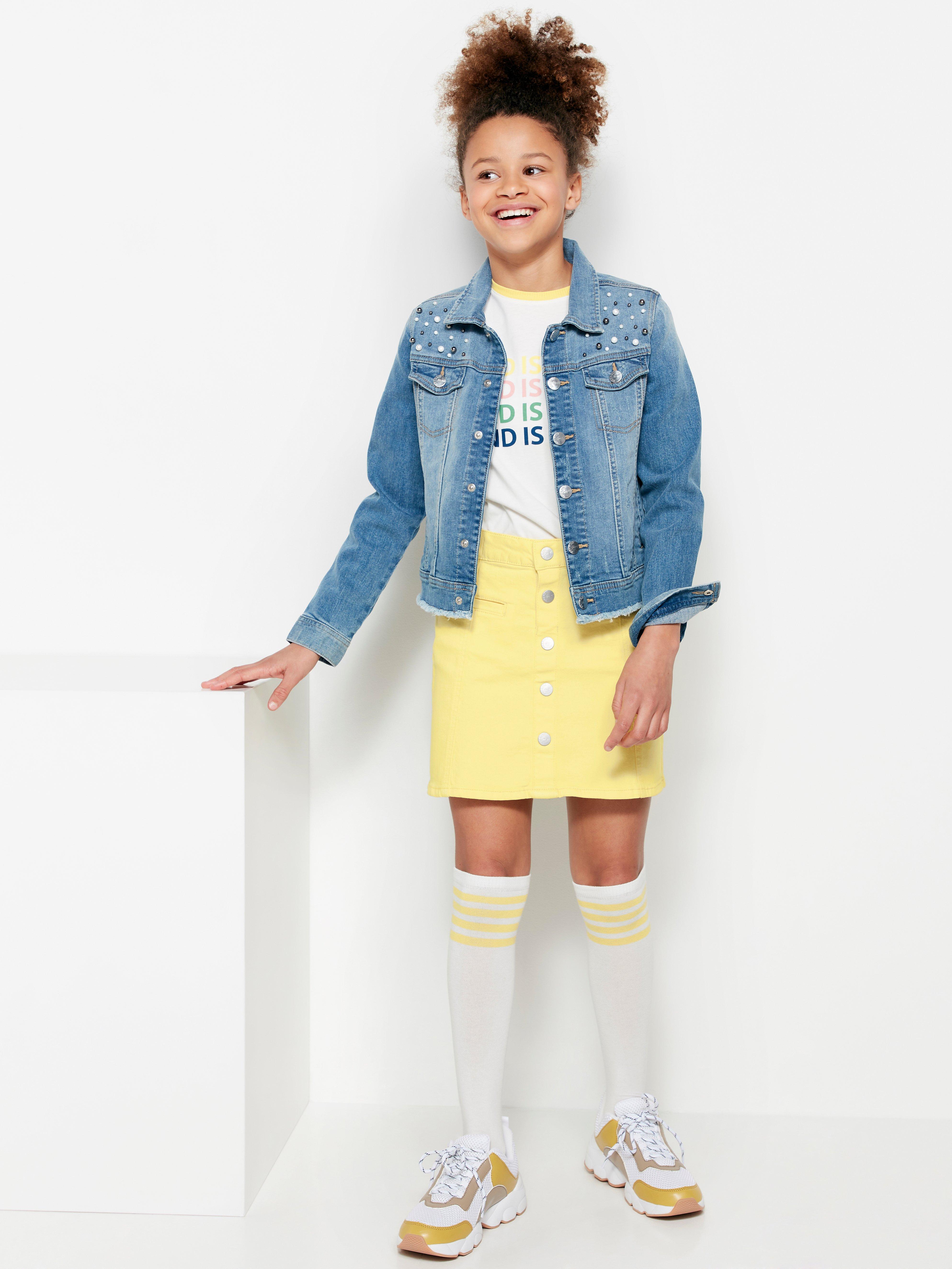 Yellow denim skirt and on sale jacket