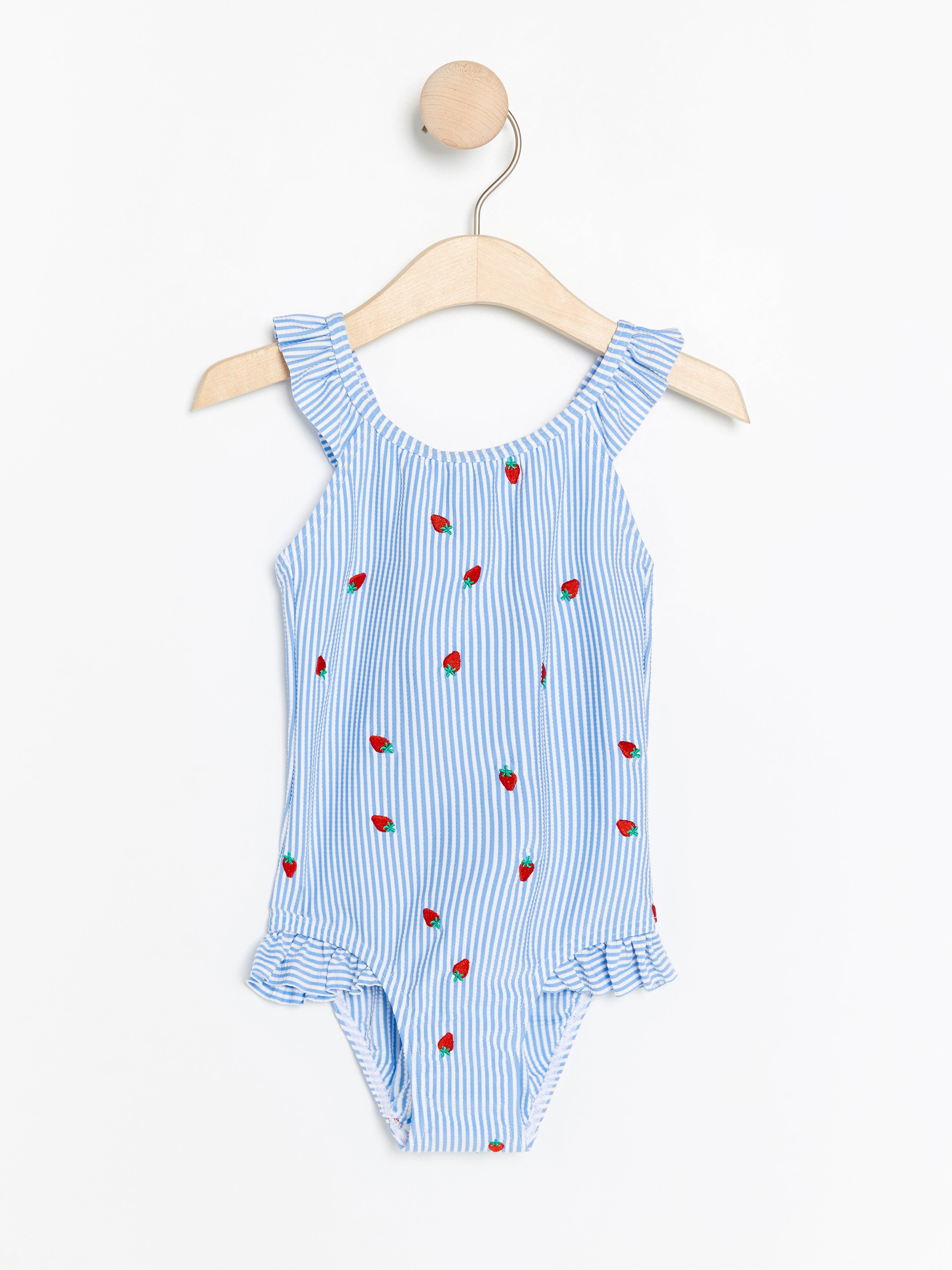 baby blue and white striped swimsuit