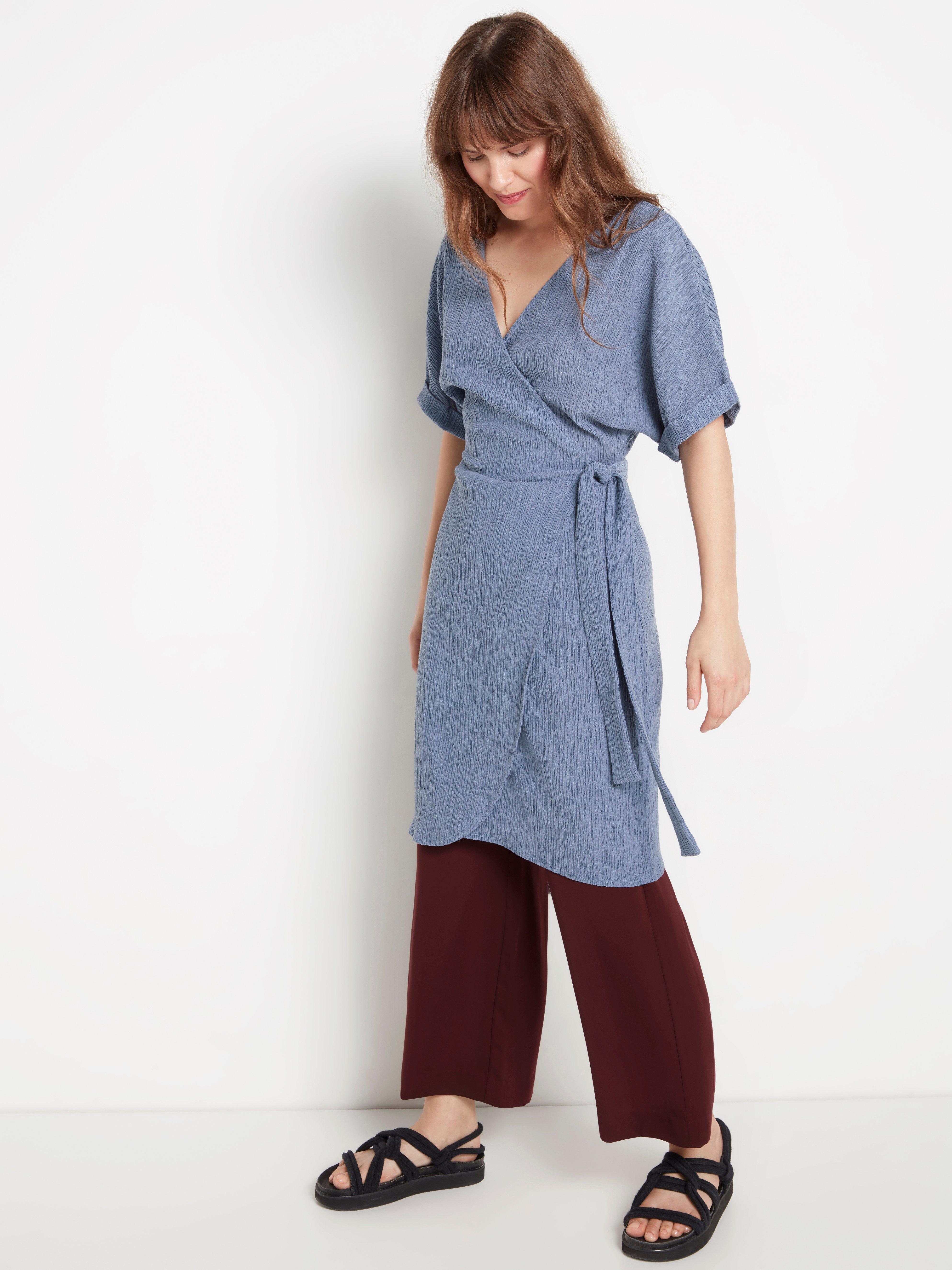 blue wrap dress