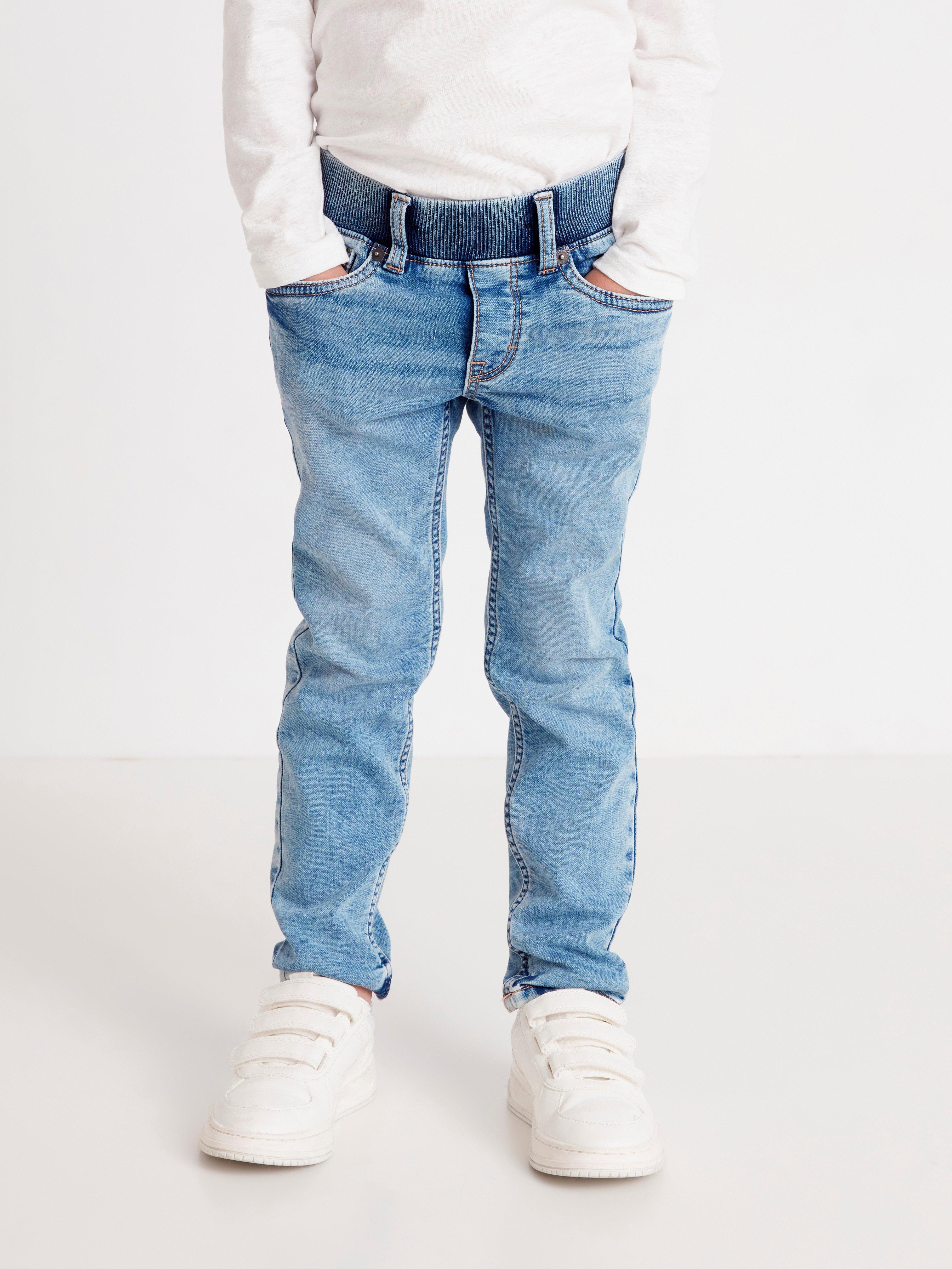 Narrow dra på-jeans i denimjersey