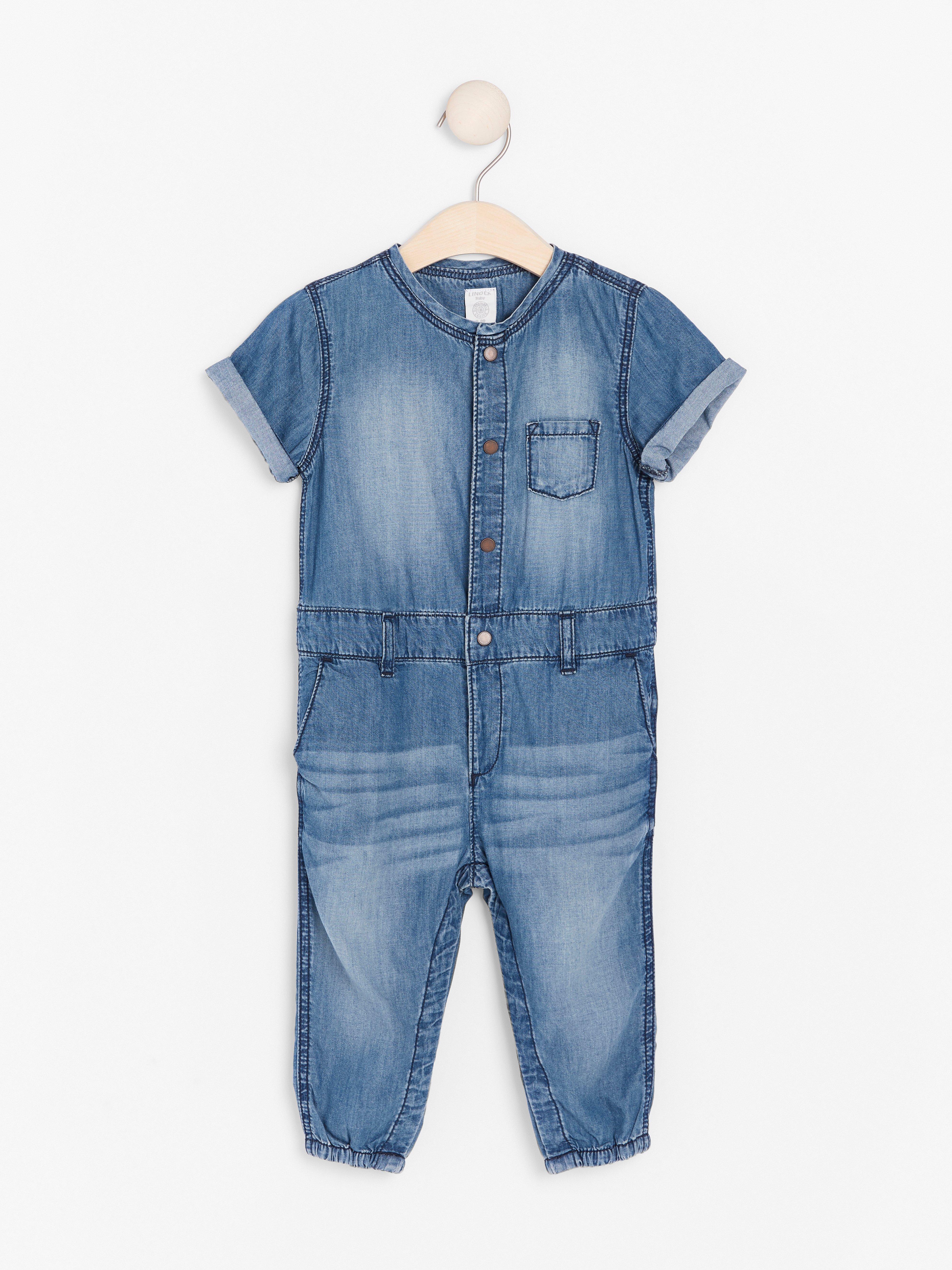 short sleeved denim jumpsuit