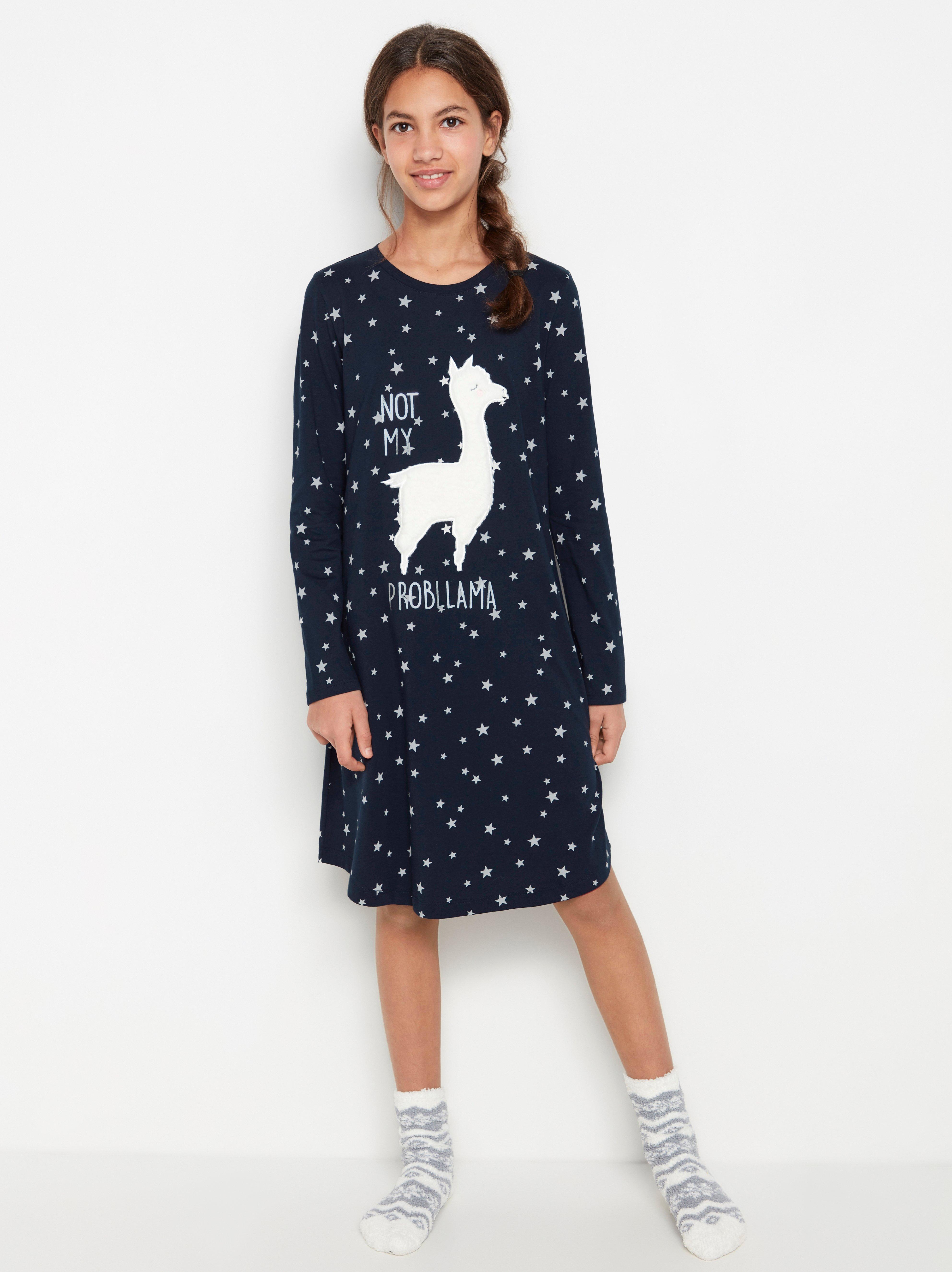 Dark navy night dress with stars and fake fur lama