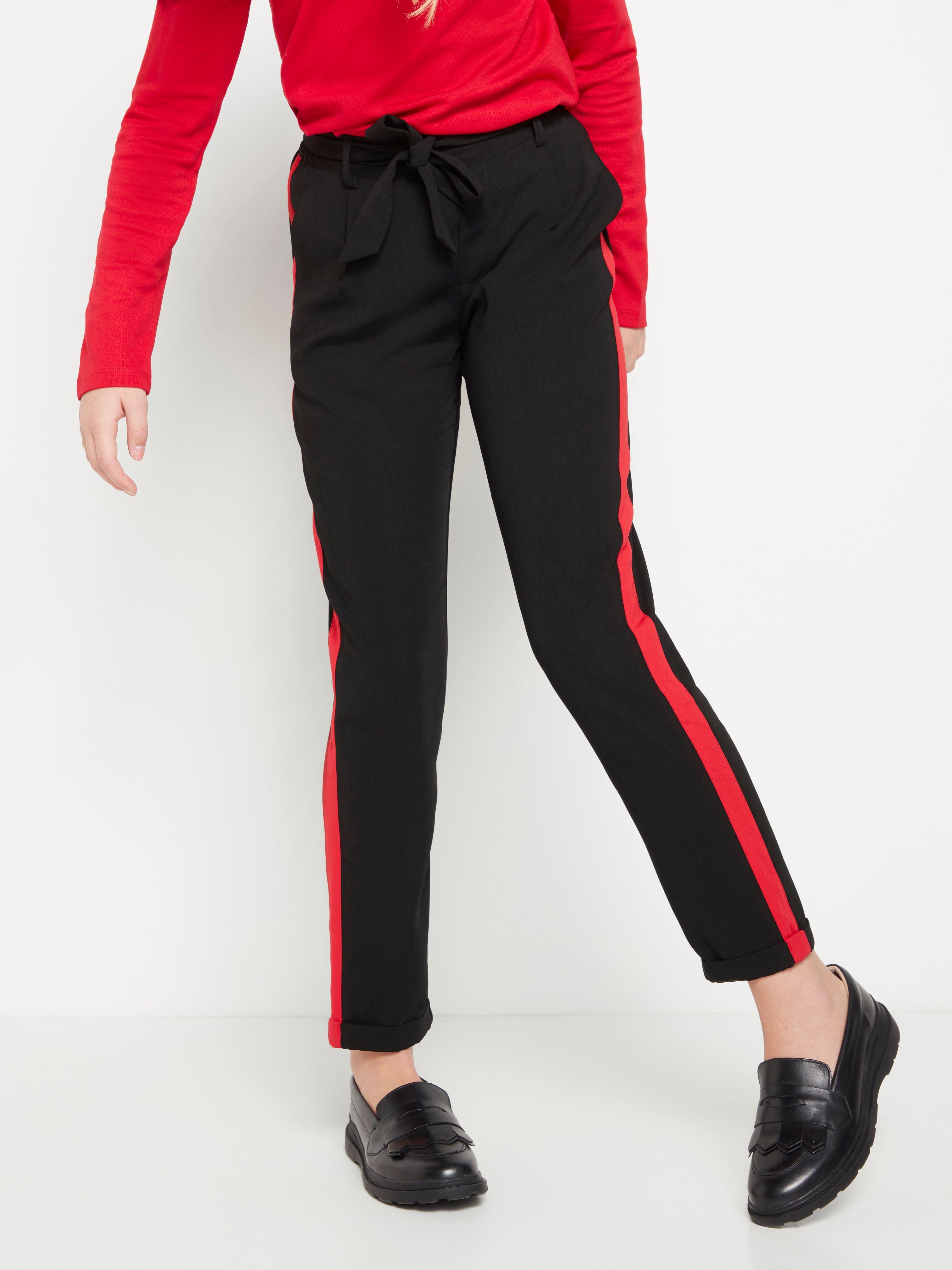 black trousers with red stripe down side