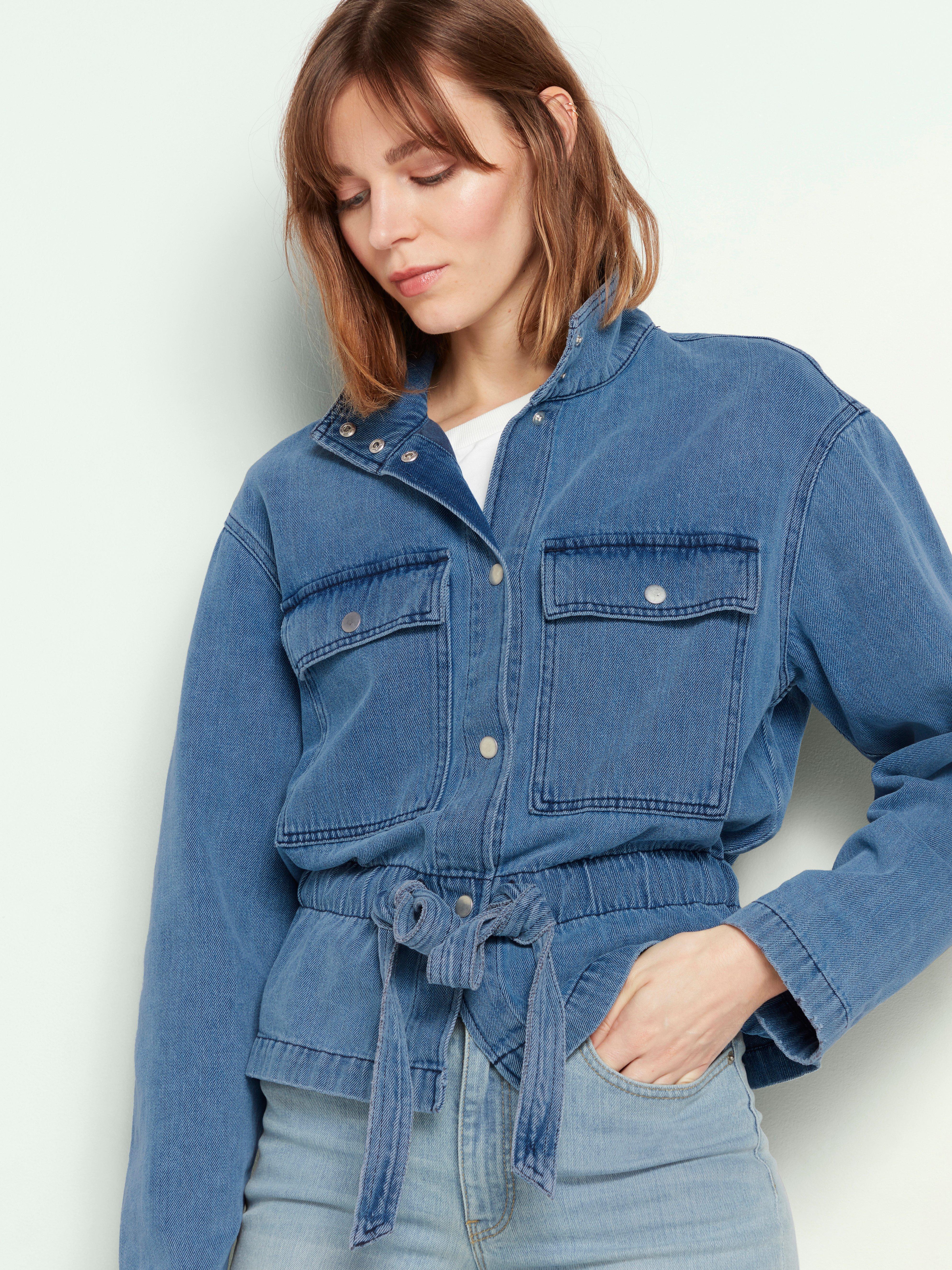 denim jacket with shirt and tie