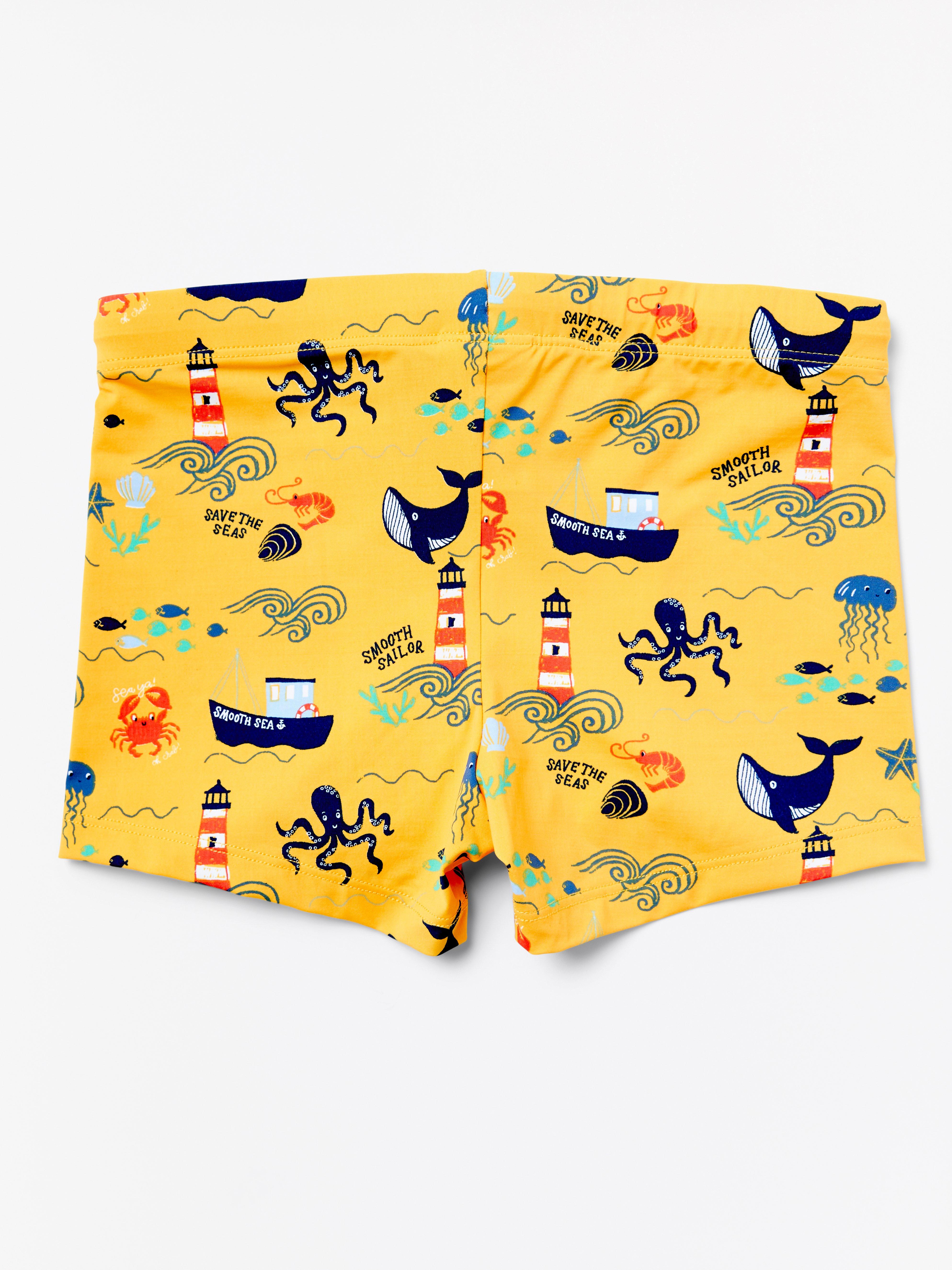 patterned swim trunks