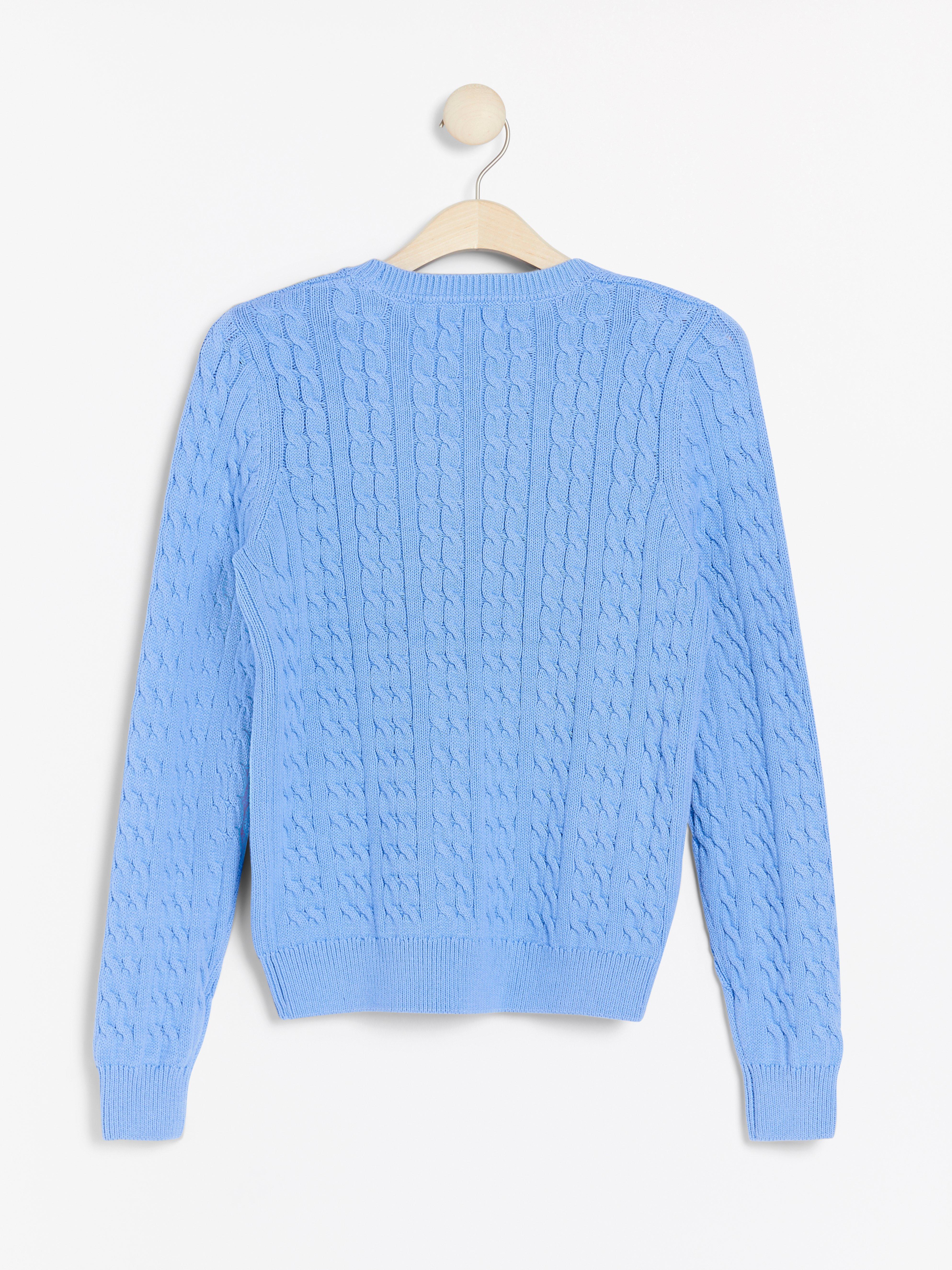 blue cable knit jumper