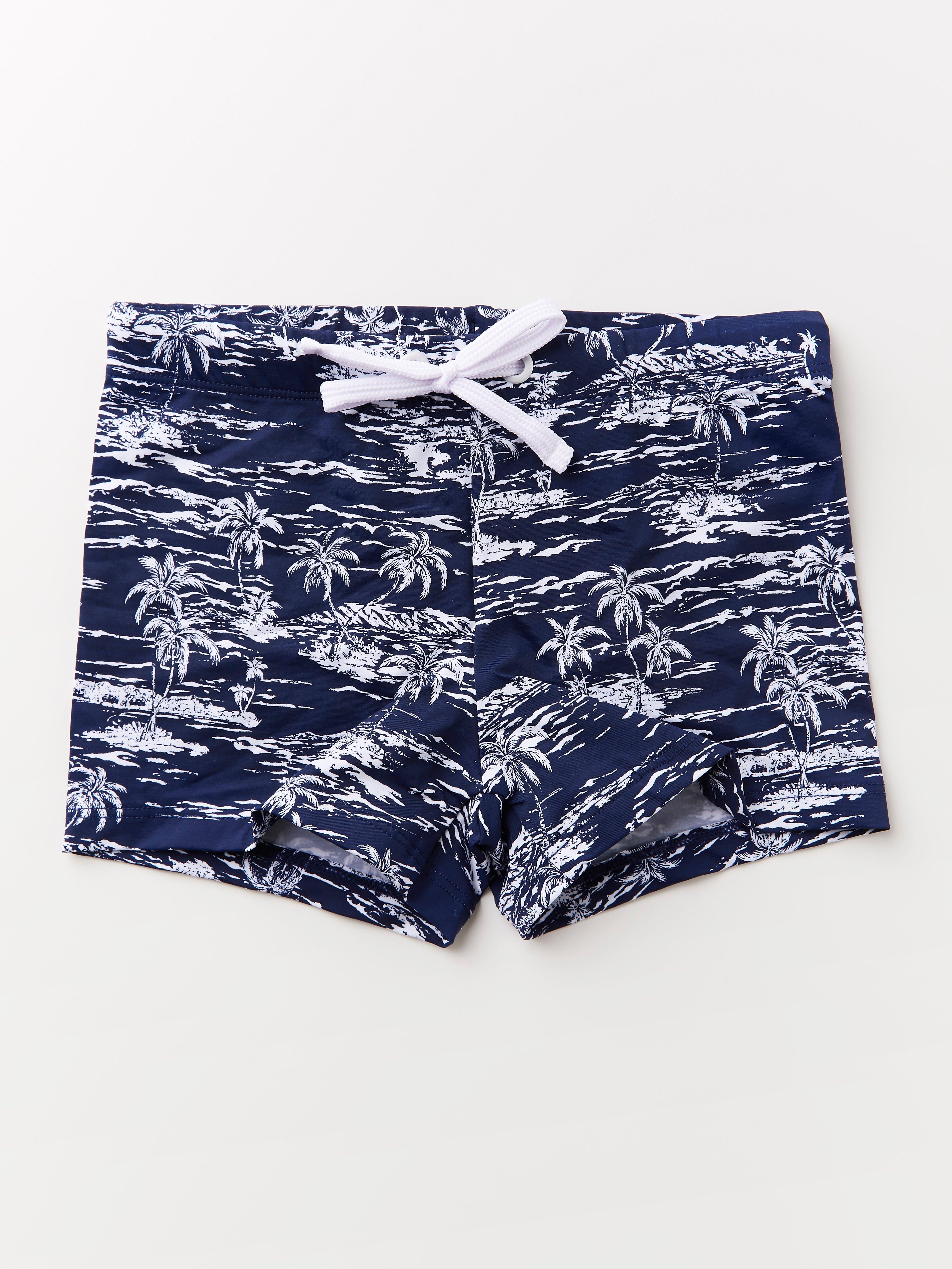 patterned swim trunks