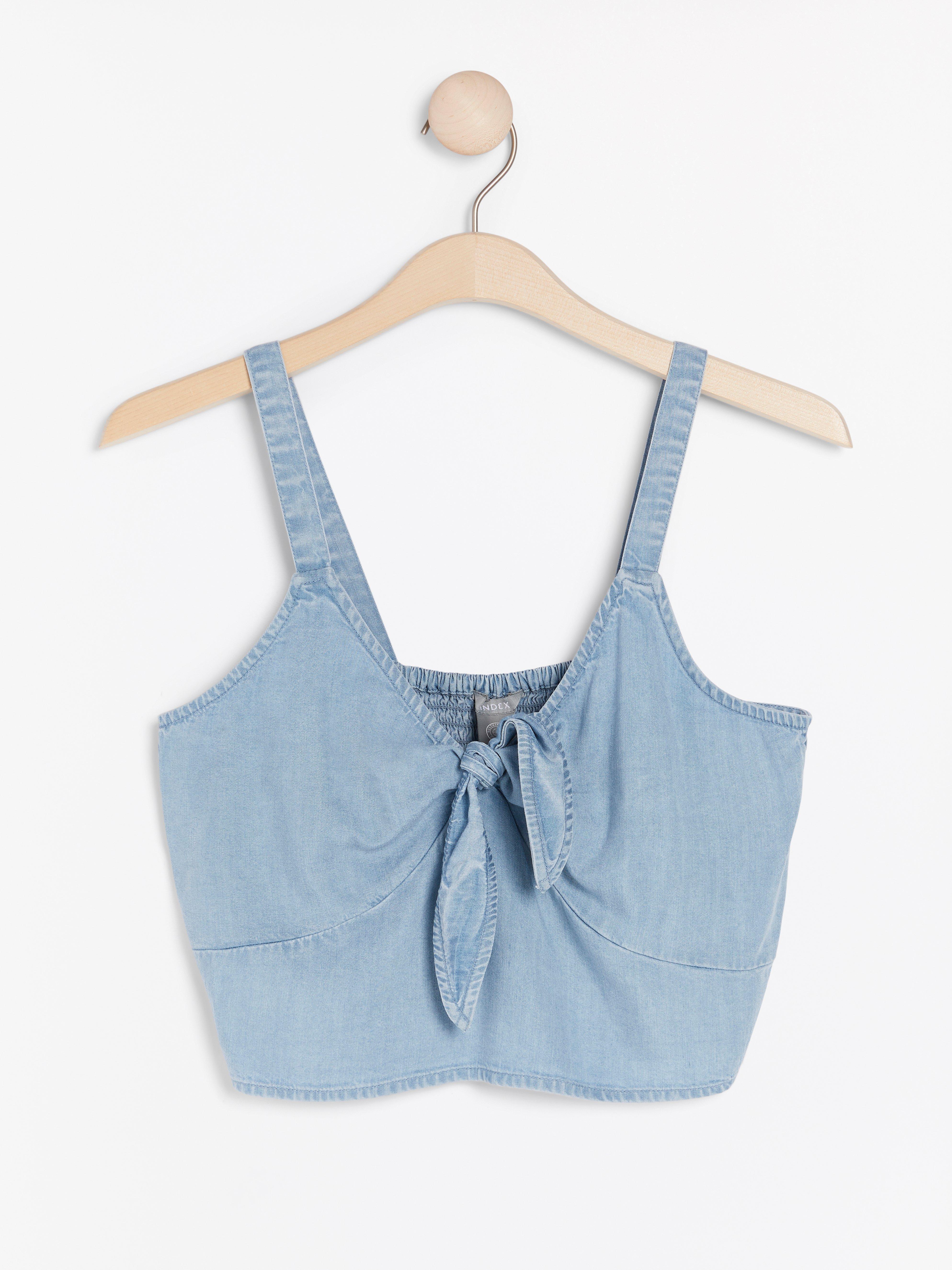 Kort jeansblus i lyocell med knytdetalj
