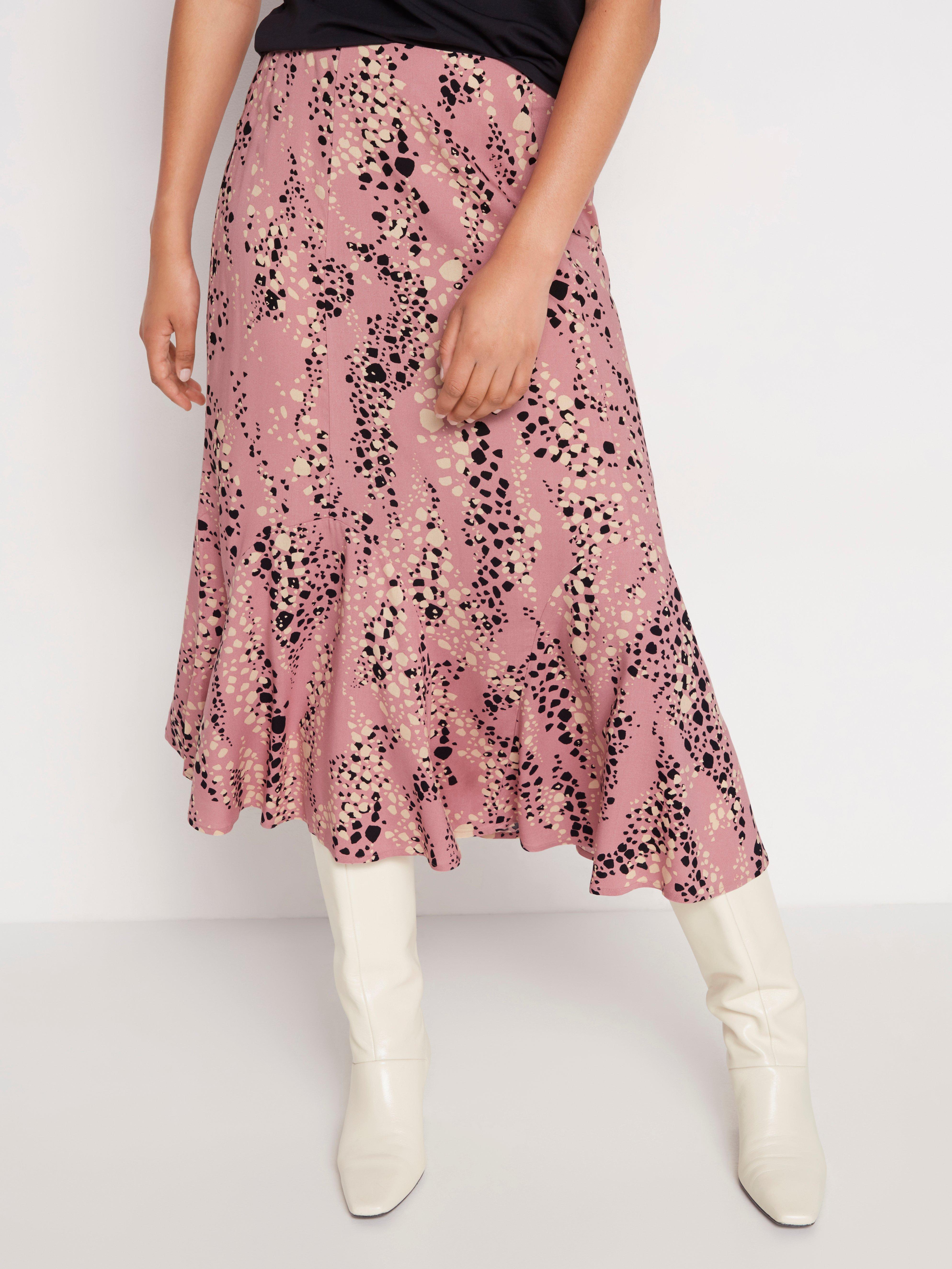 pink flared midi skirt