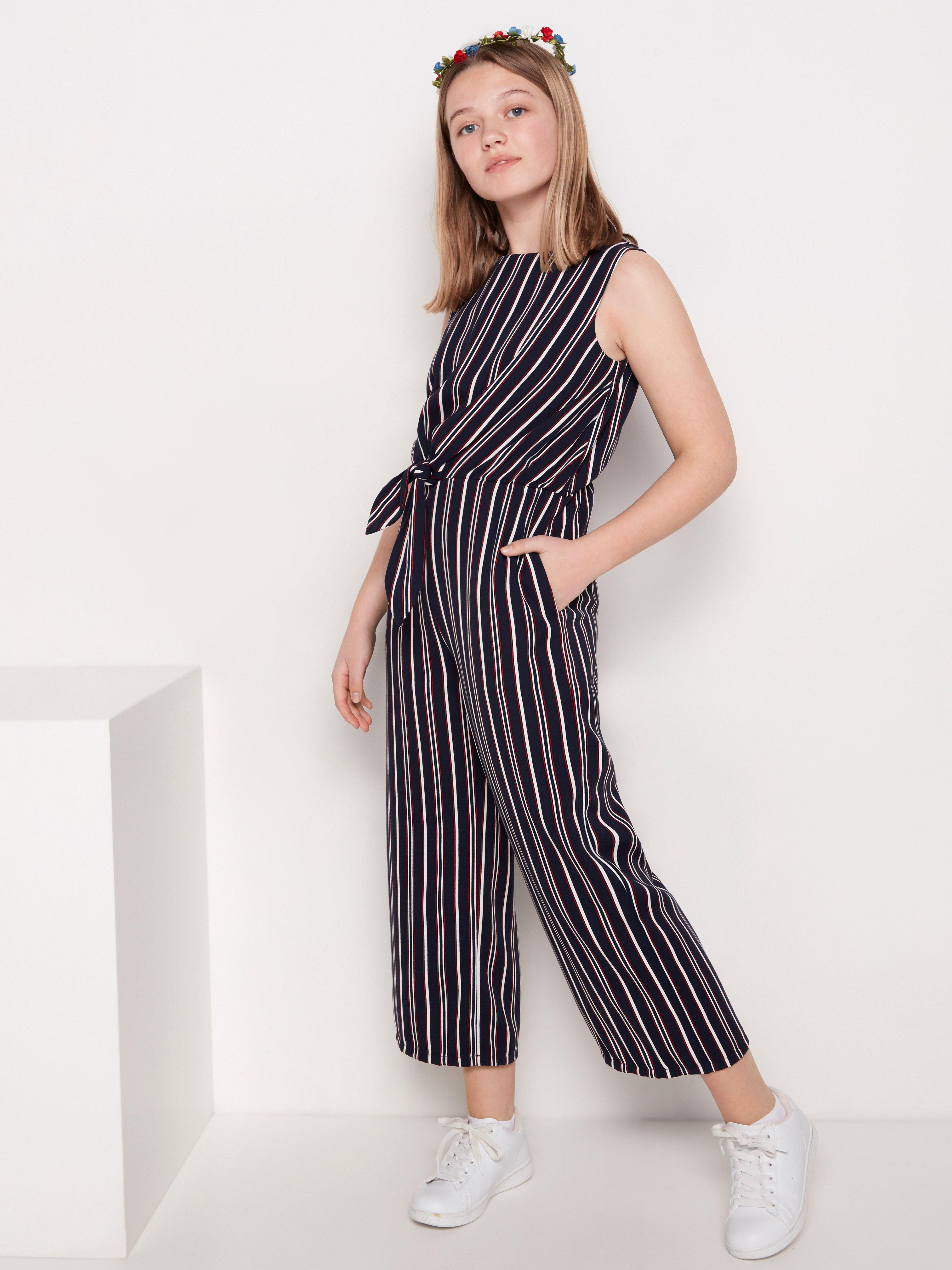 striped blue and white jumpsuit