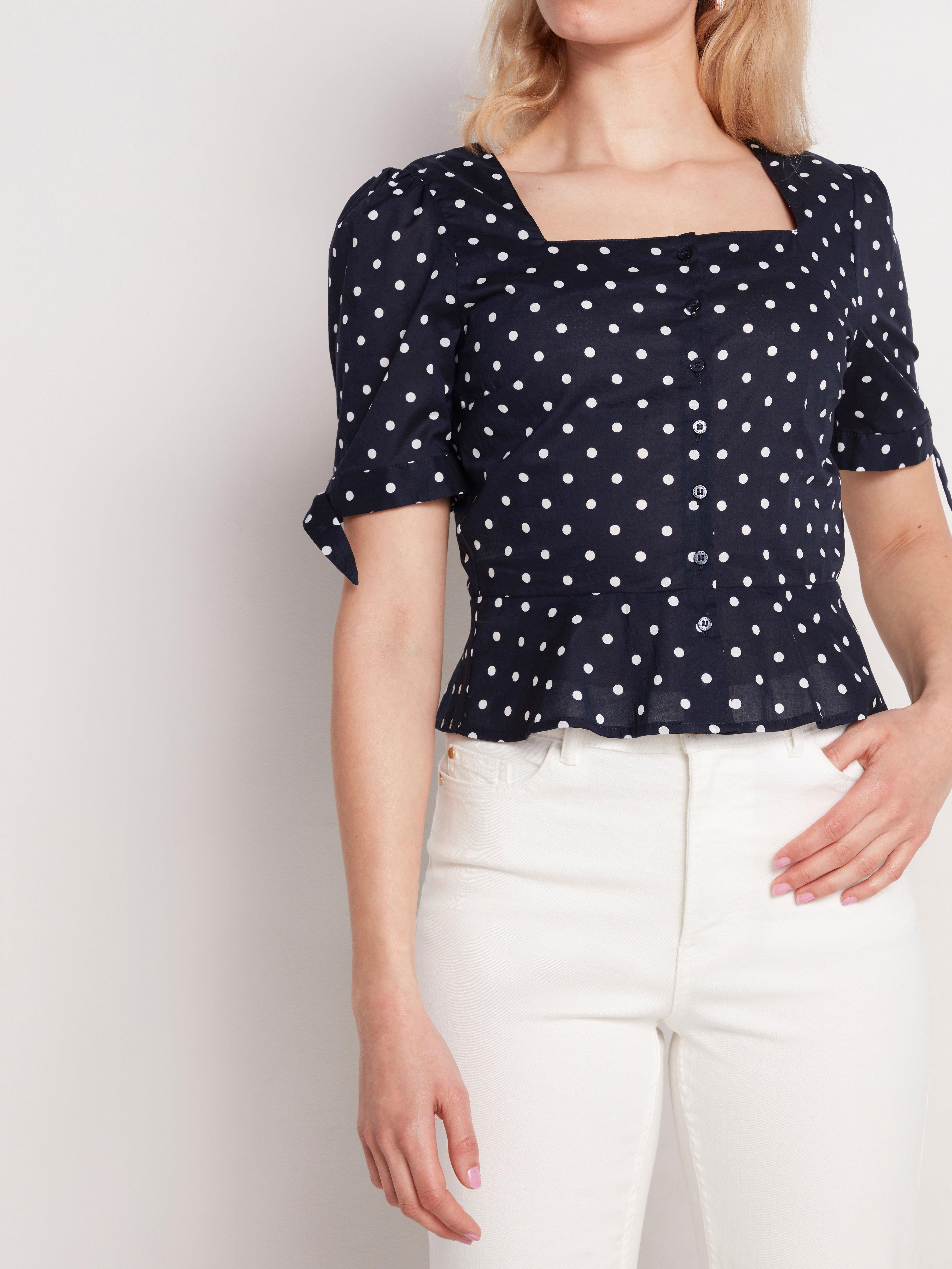 navy and white polka dot blouse