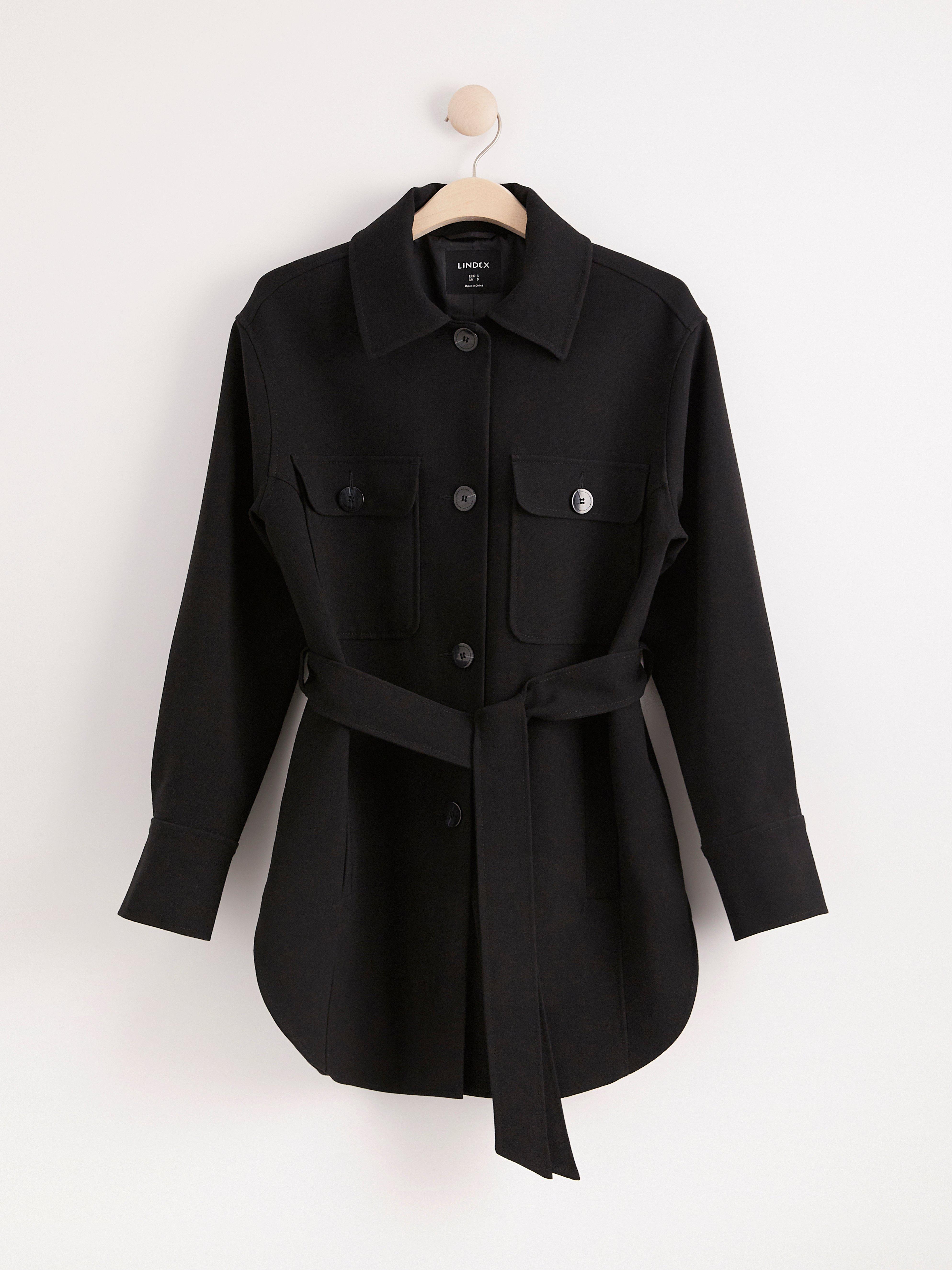 Black coat with tie belt sale