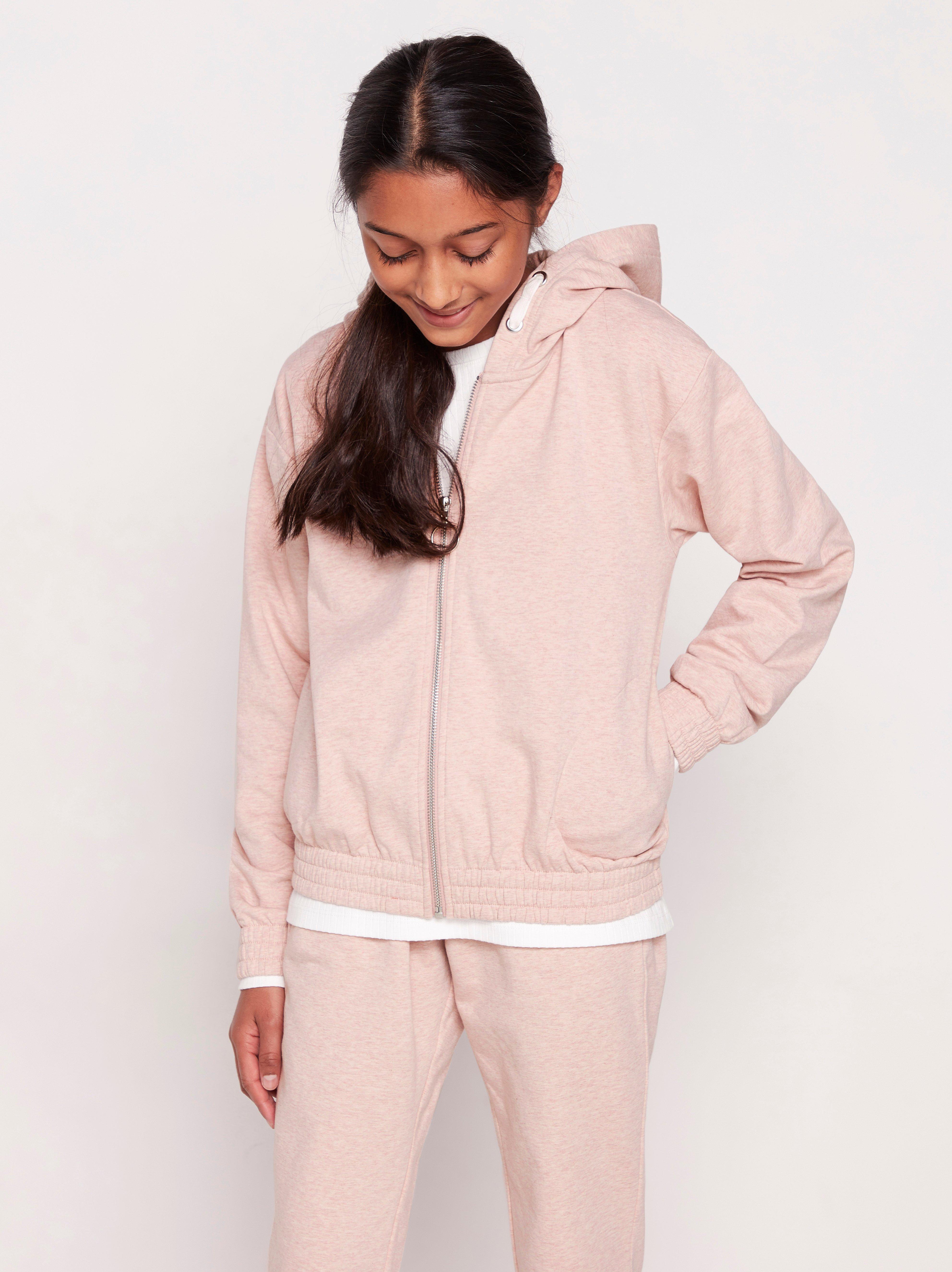 light pink hooded sweatshirt