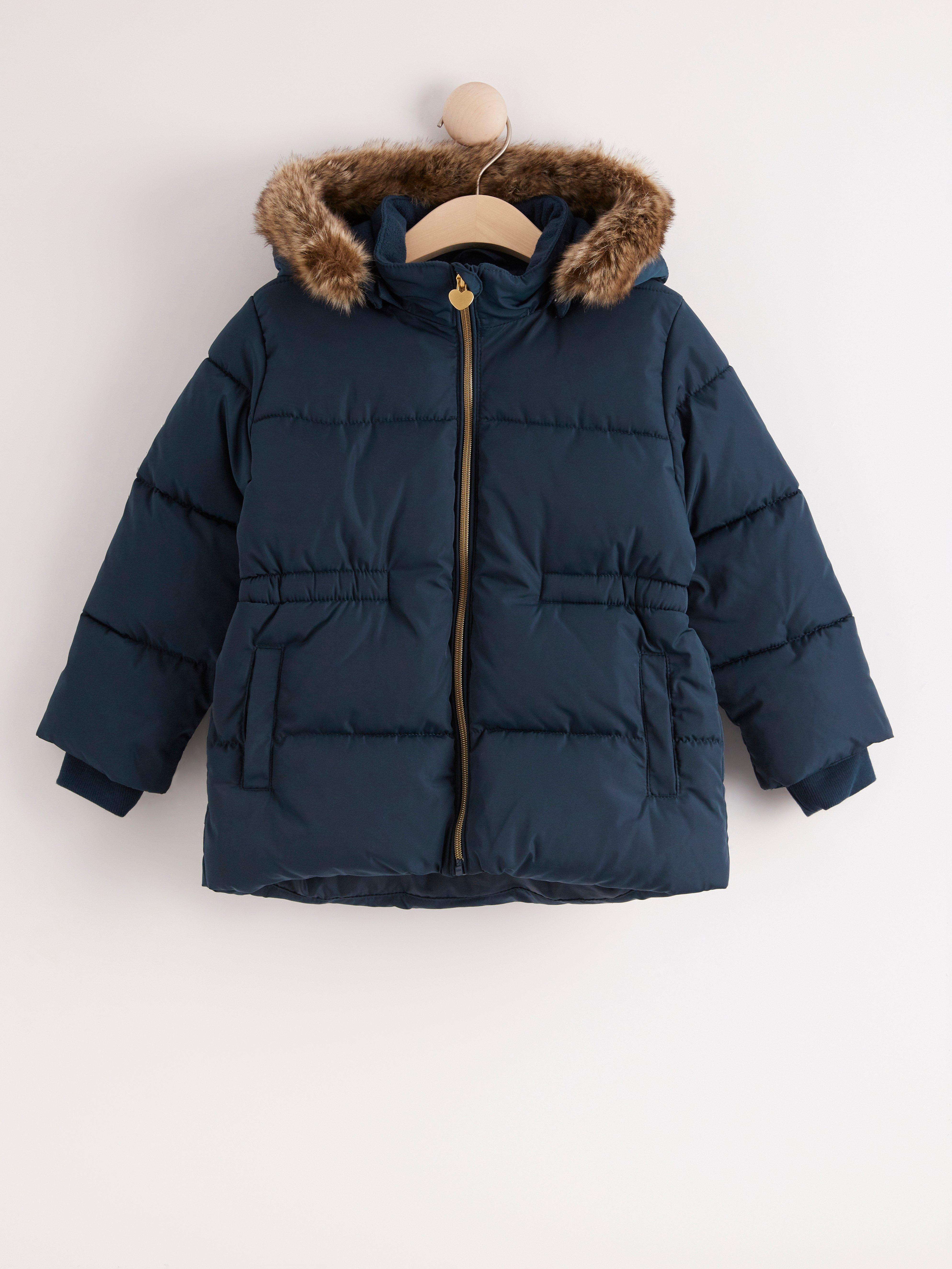 navy blue puffer jacket with hood