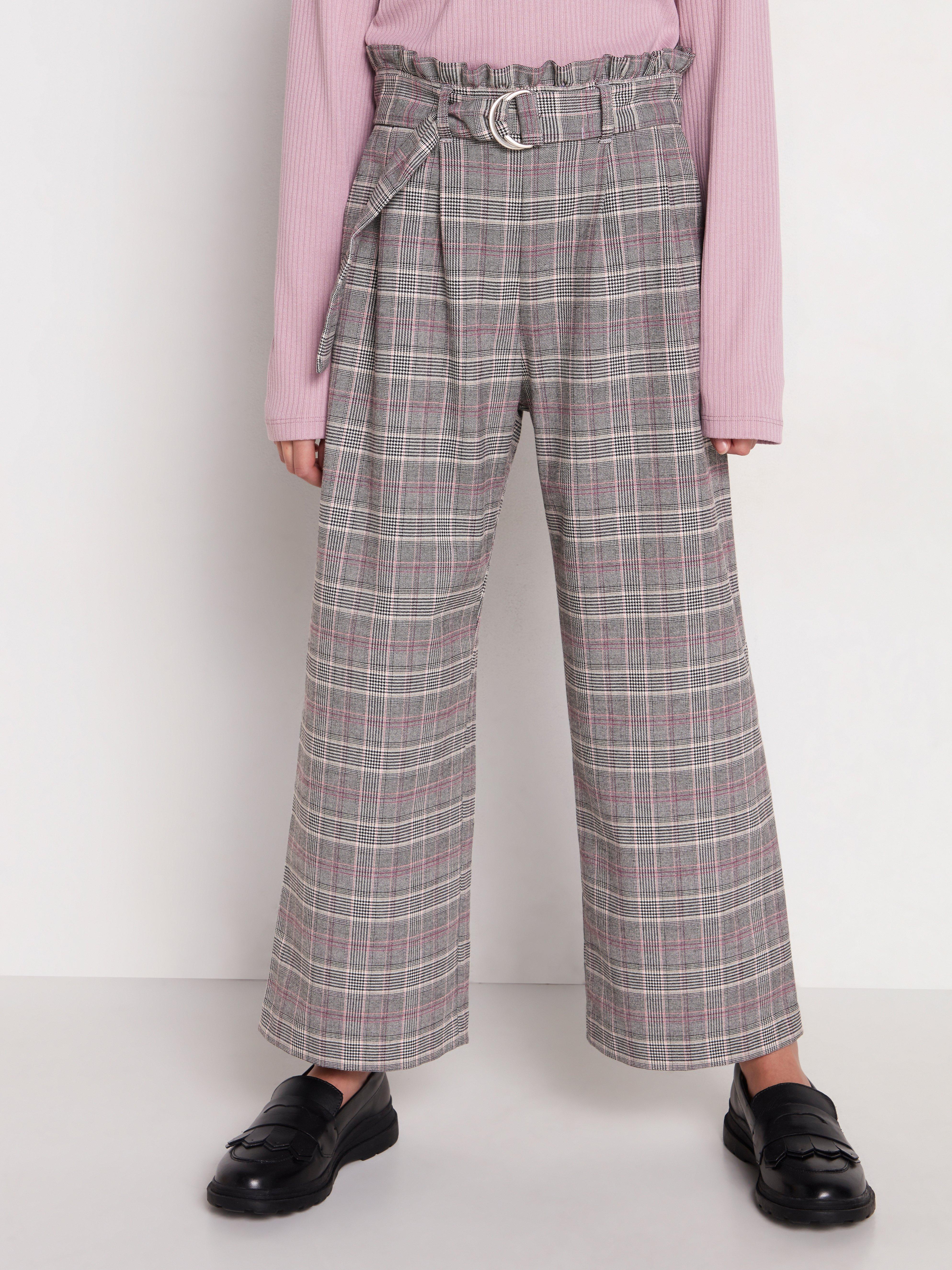 pink and black check trousers