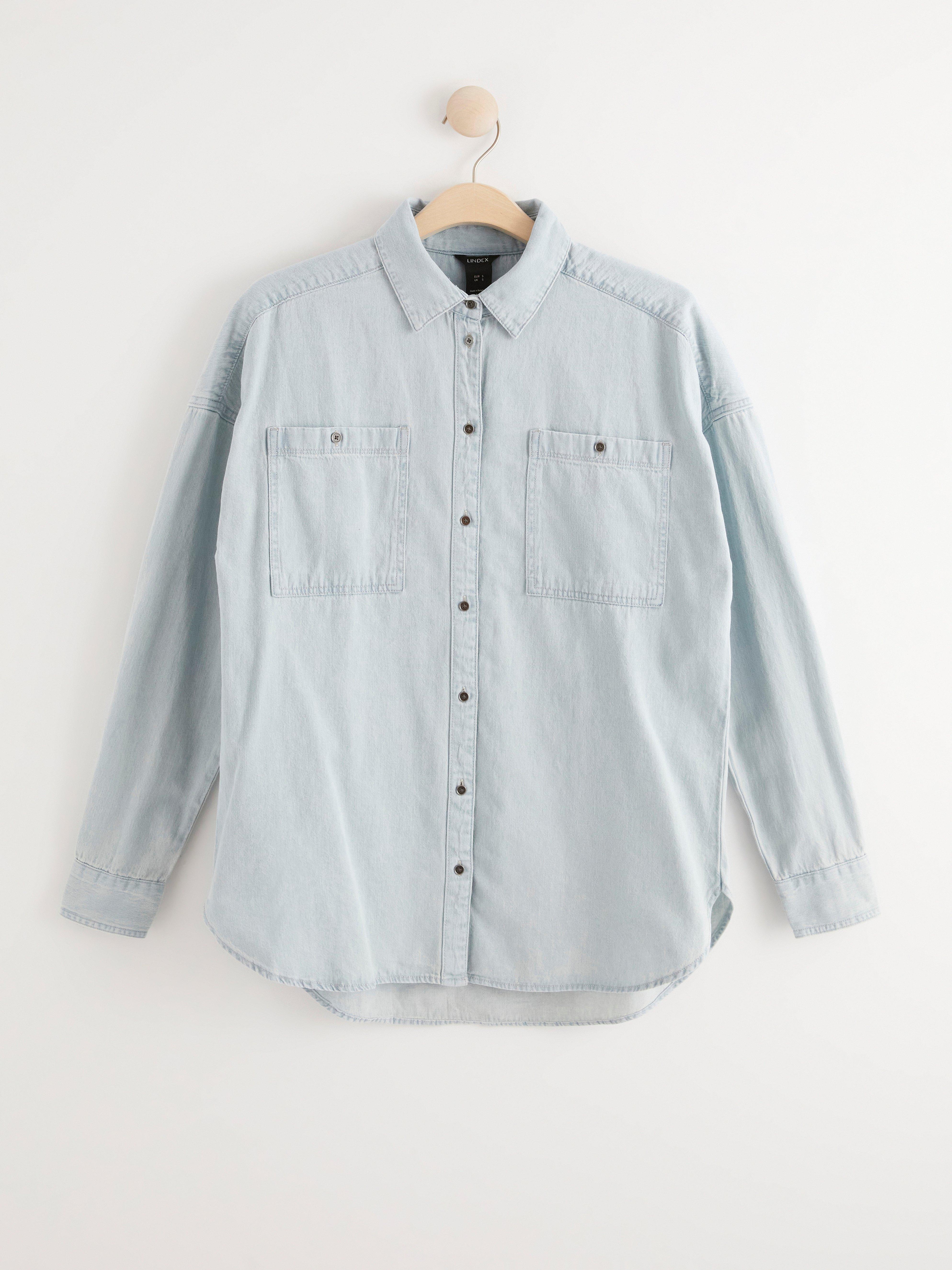 light blue jean button up shirt