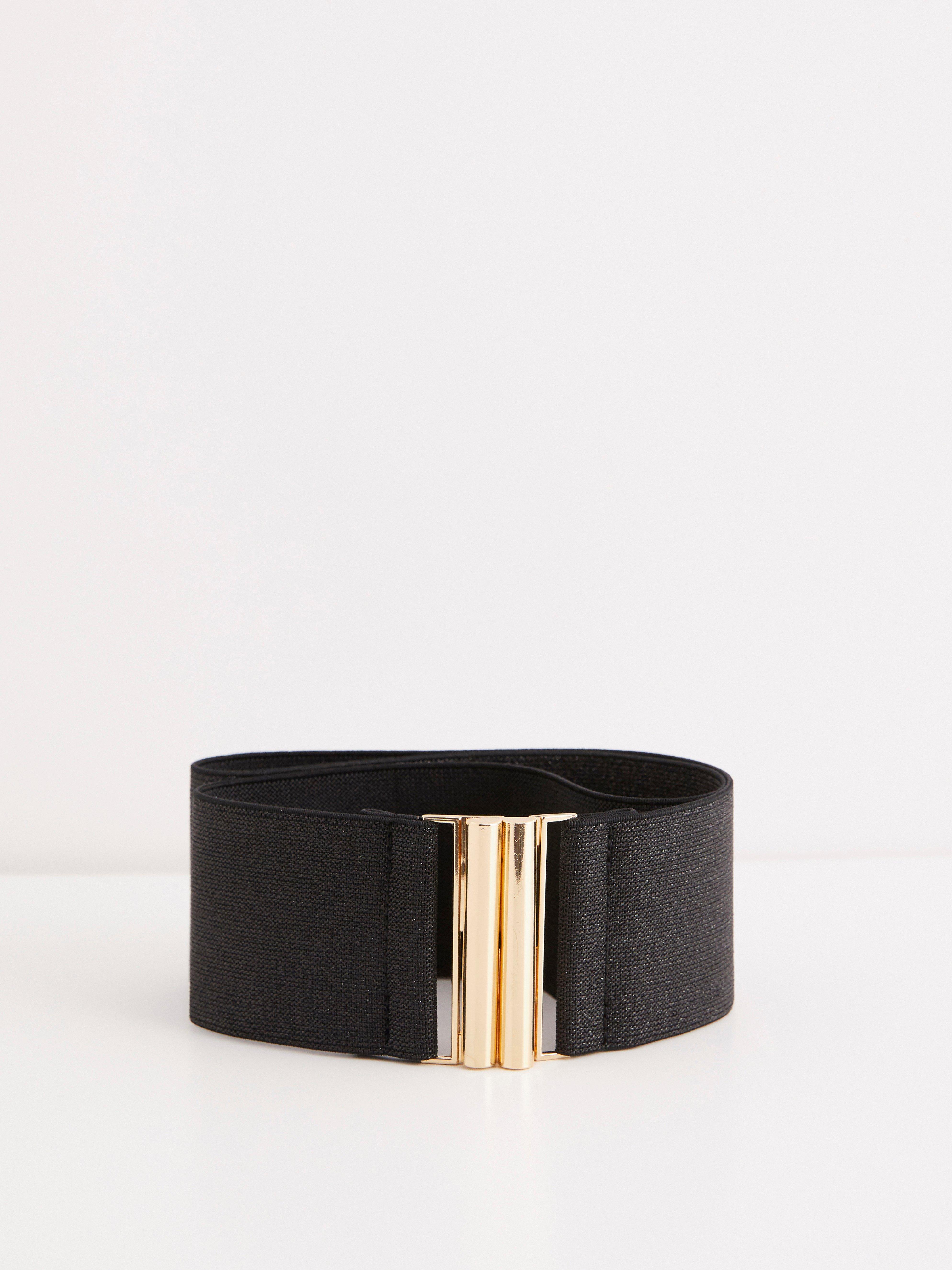 black elastic belt with gold buckle