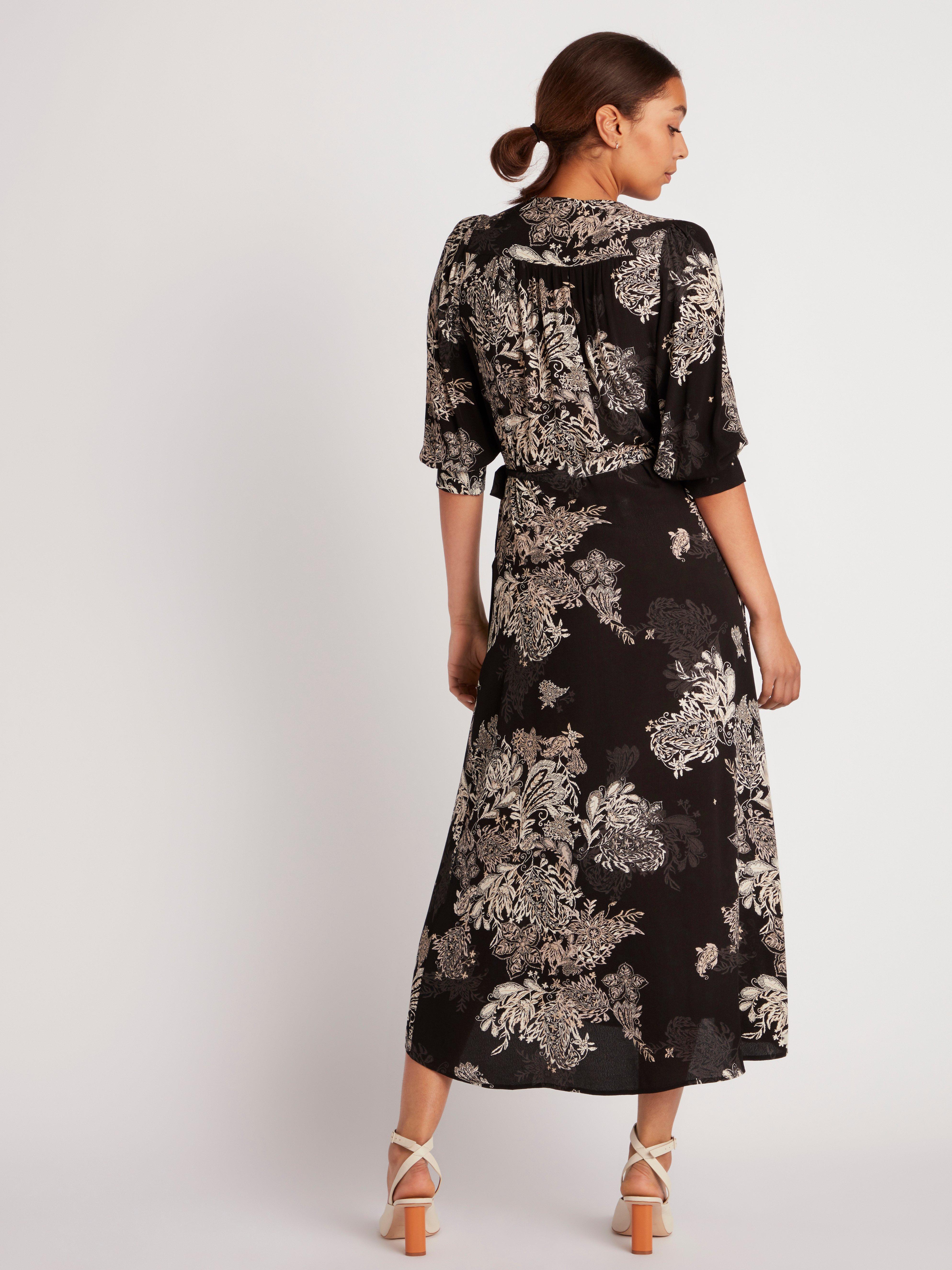 black patterned wrap dress