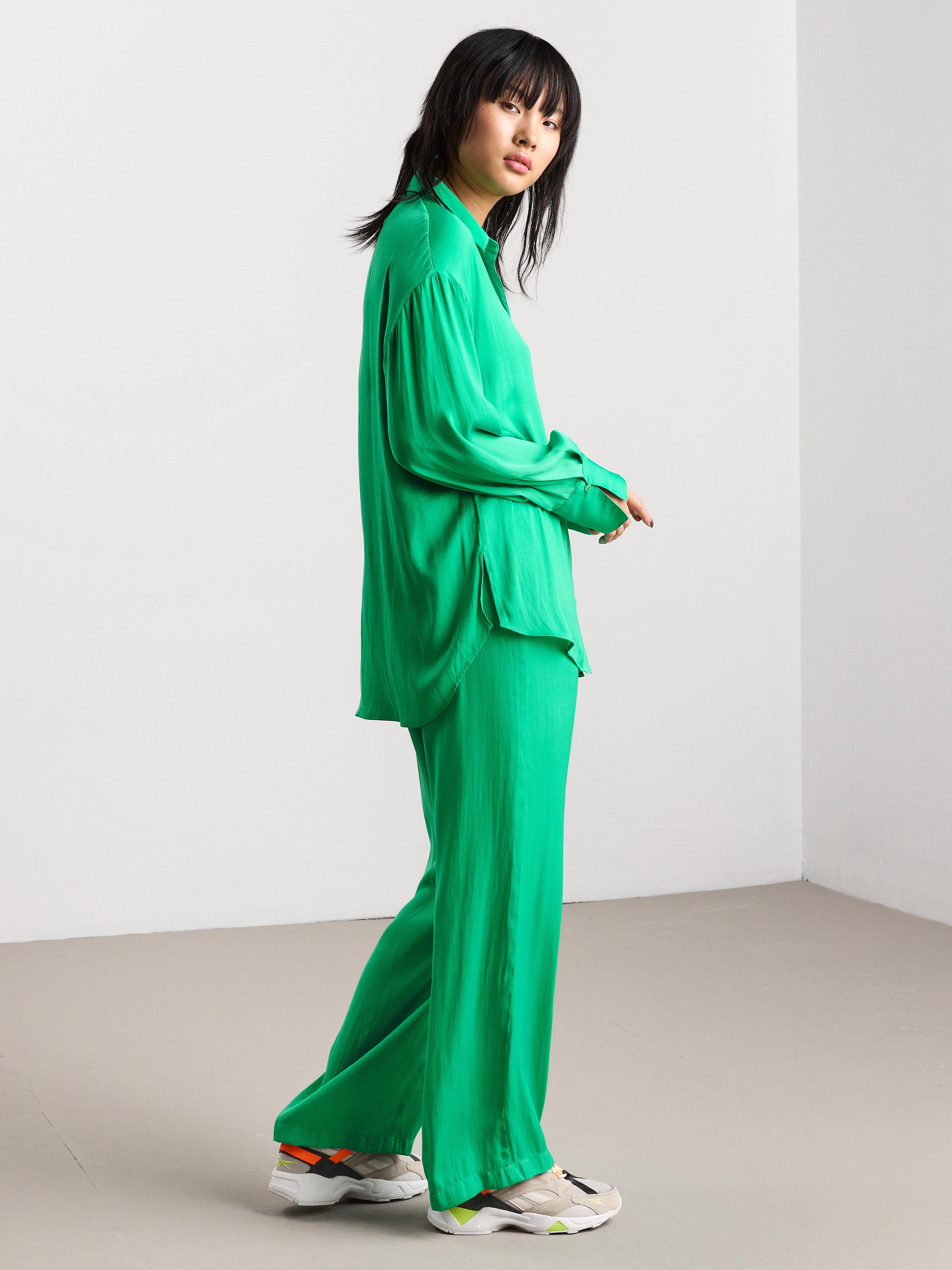 green satin pants