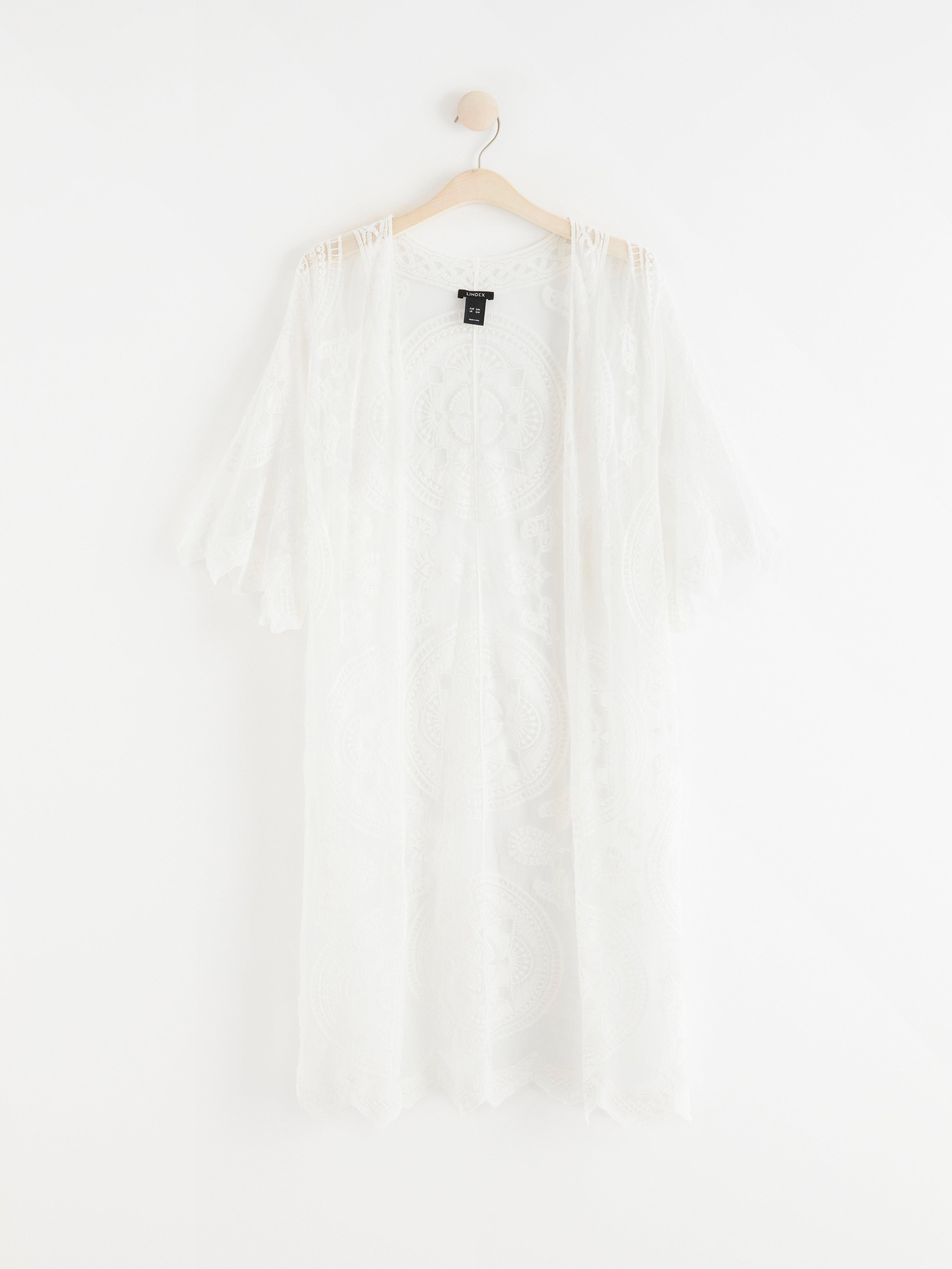 Embroidered mesh kimono