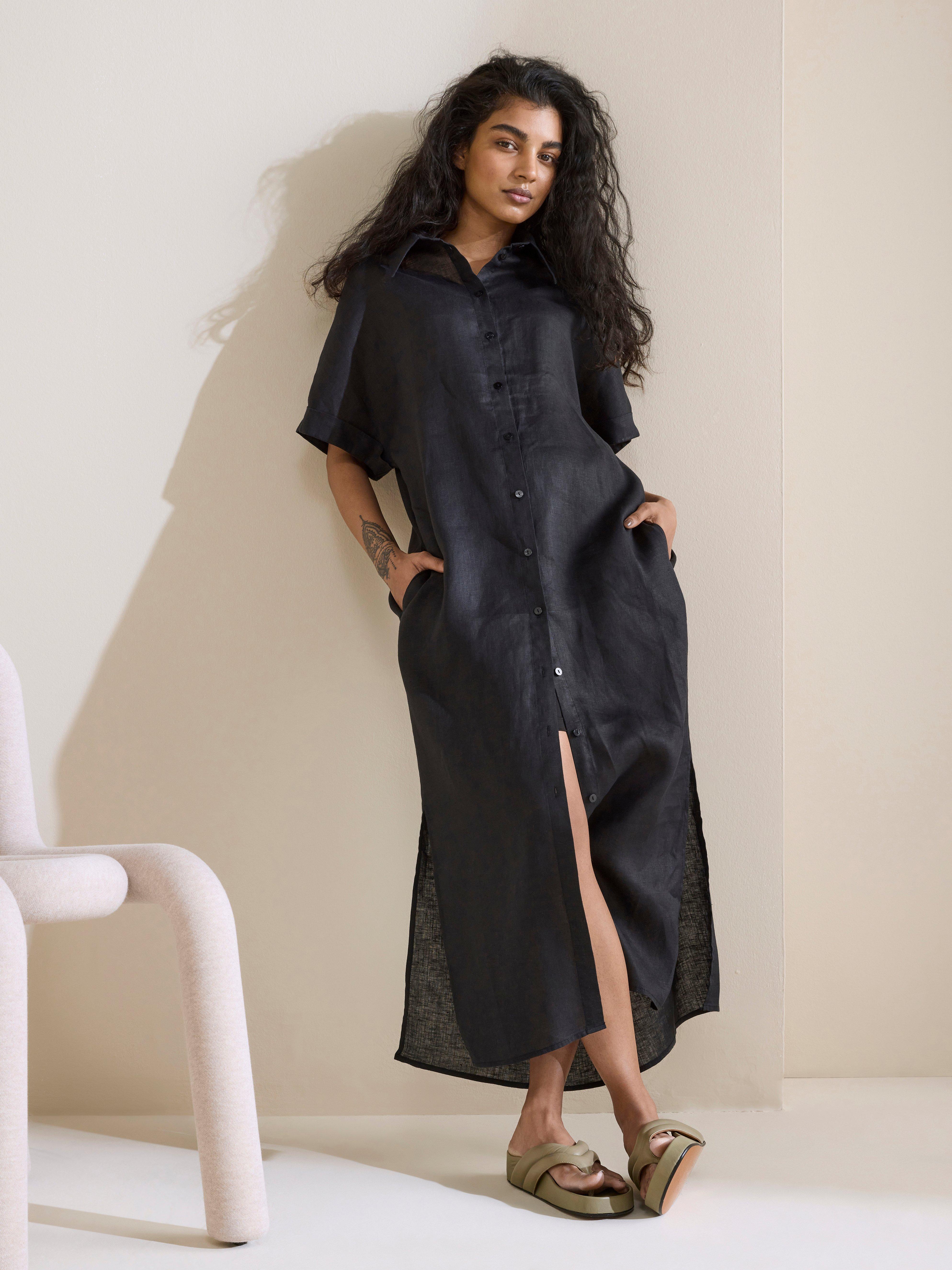 black linen short sleeve dress