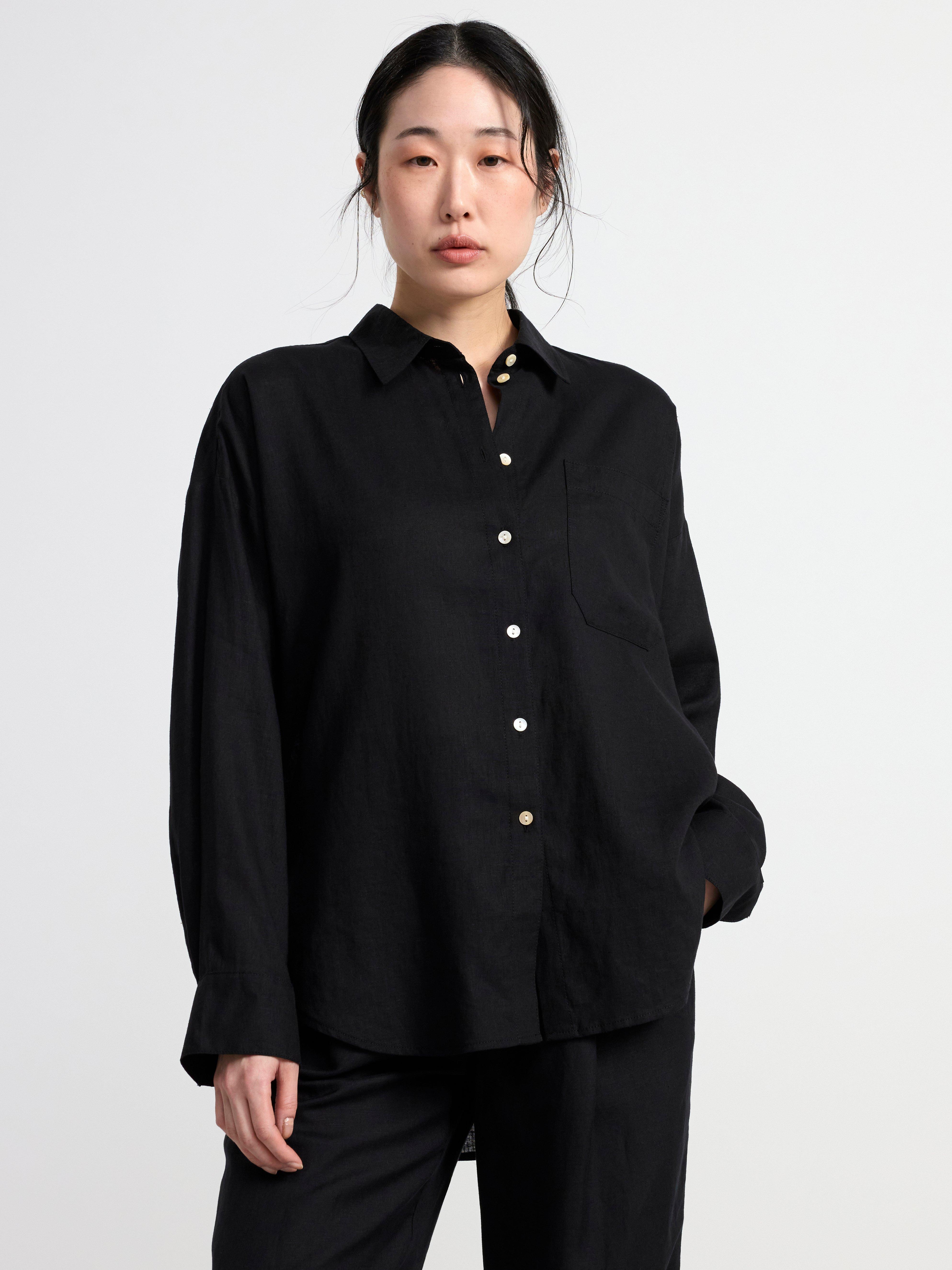 Paris Linen Frill Shirt Black, 56% OFF