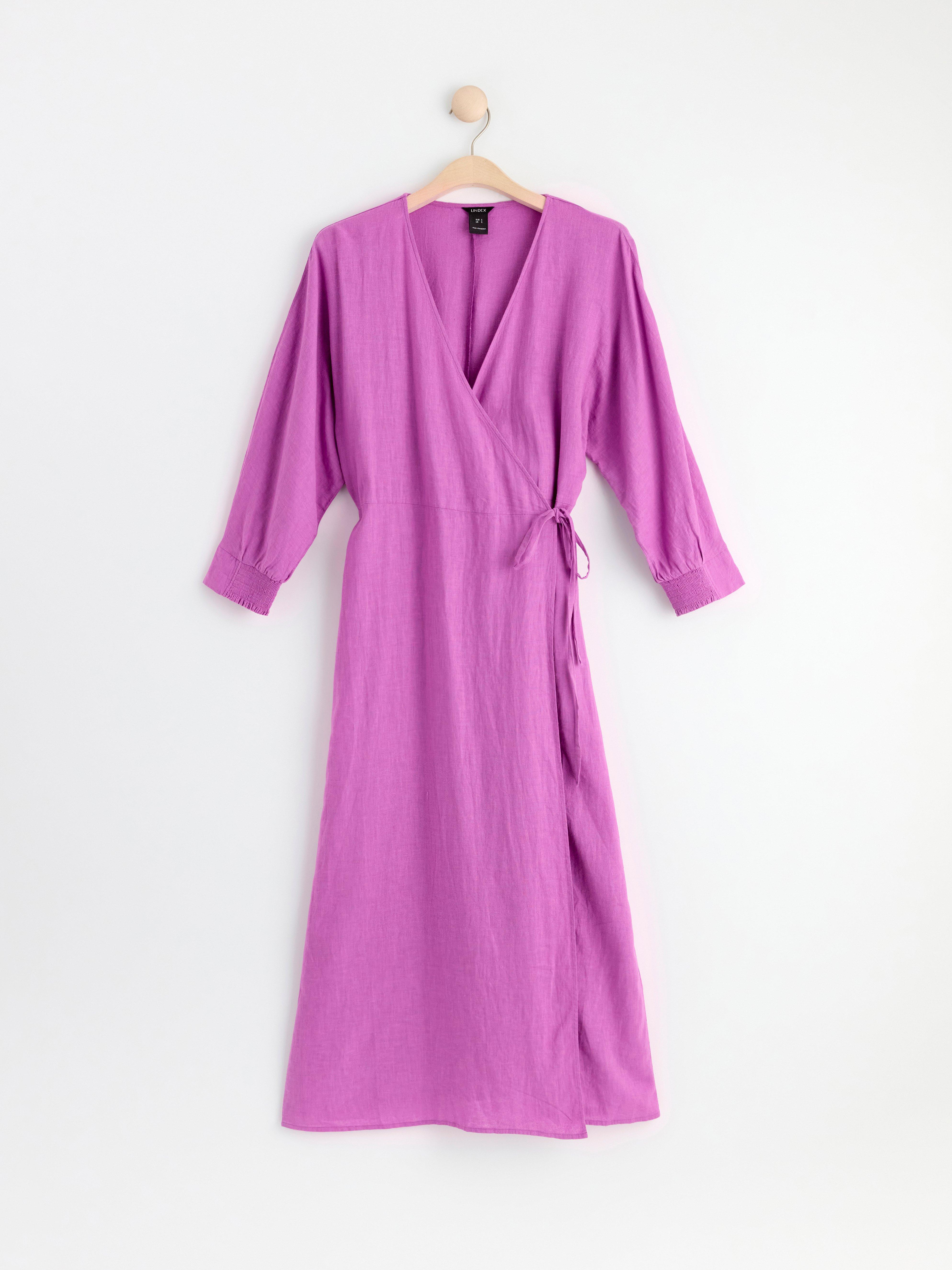 Long sleeve linen blend wrap dress