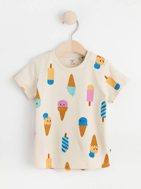 CREAM SHORT SLEEVE T-SHIRT WITH ICE CREAM PATTERN, COTTON, BABY CREAM SHORT SLEEVE T-SHIRT WITH ICE CREAM PATTERN, COTTON, BABY