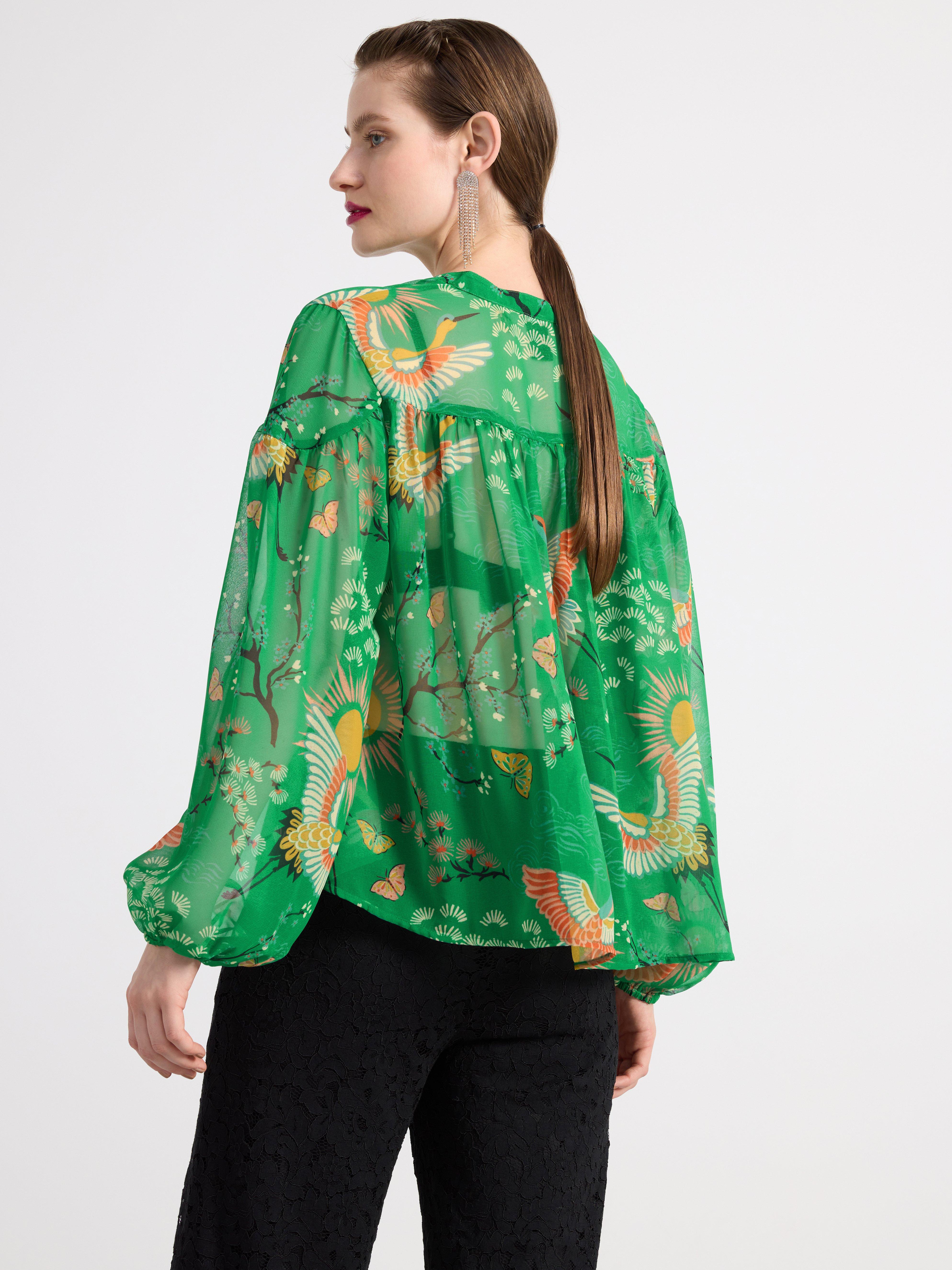 Green chiffon cheap blouse long sleeve