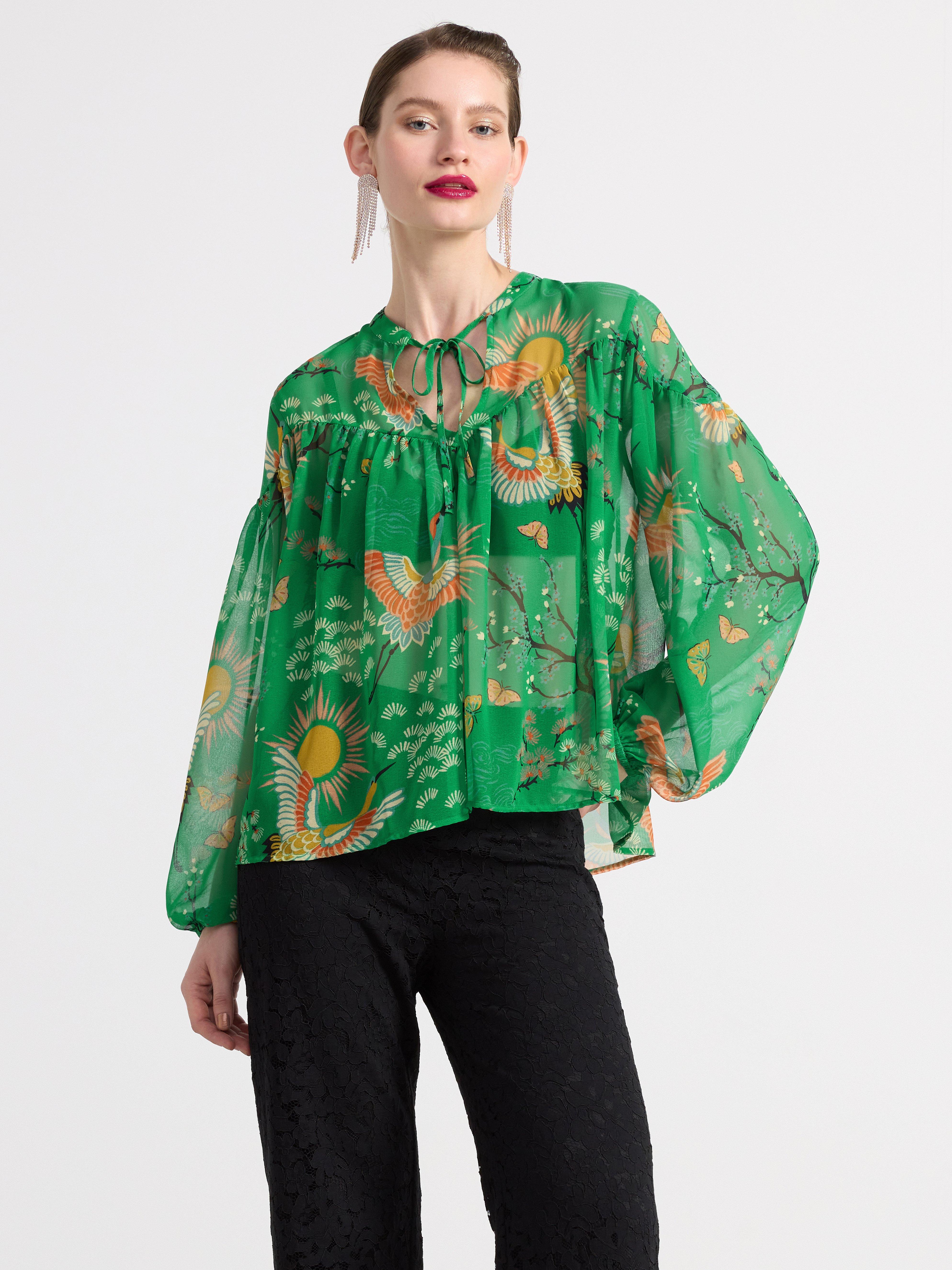 Green chiffon best sale blouse long sleeve