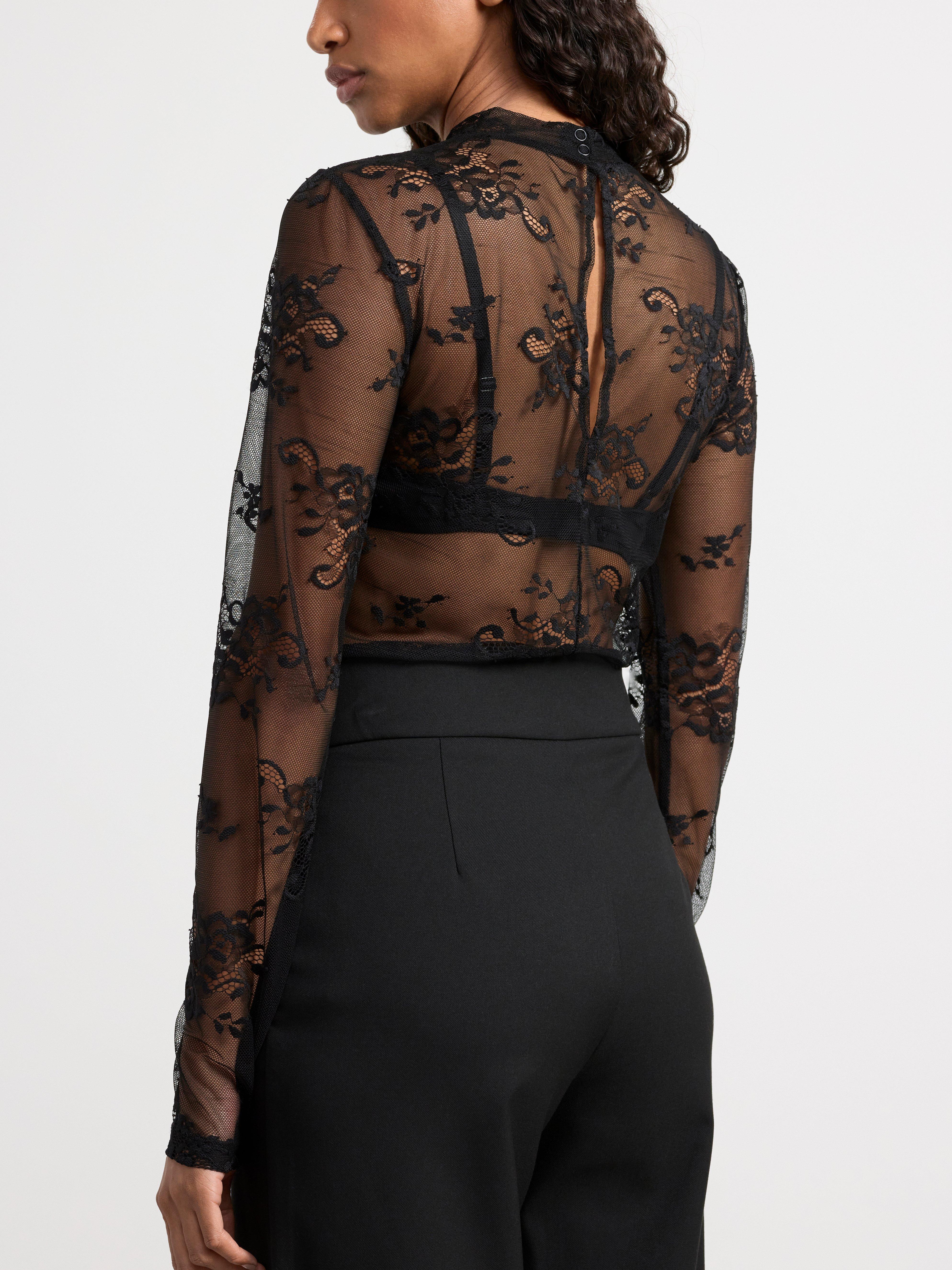 Flocked Lace Long-Sleeve Top Black, Tops & T-shirts