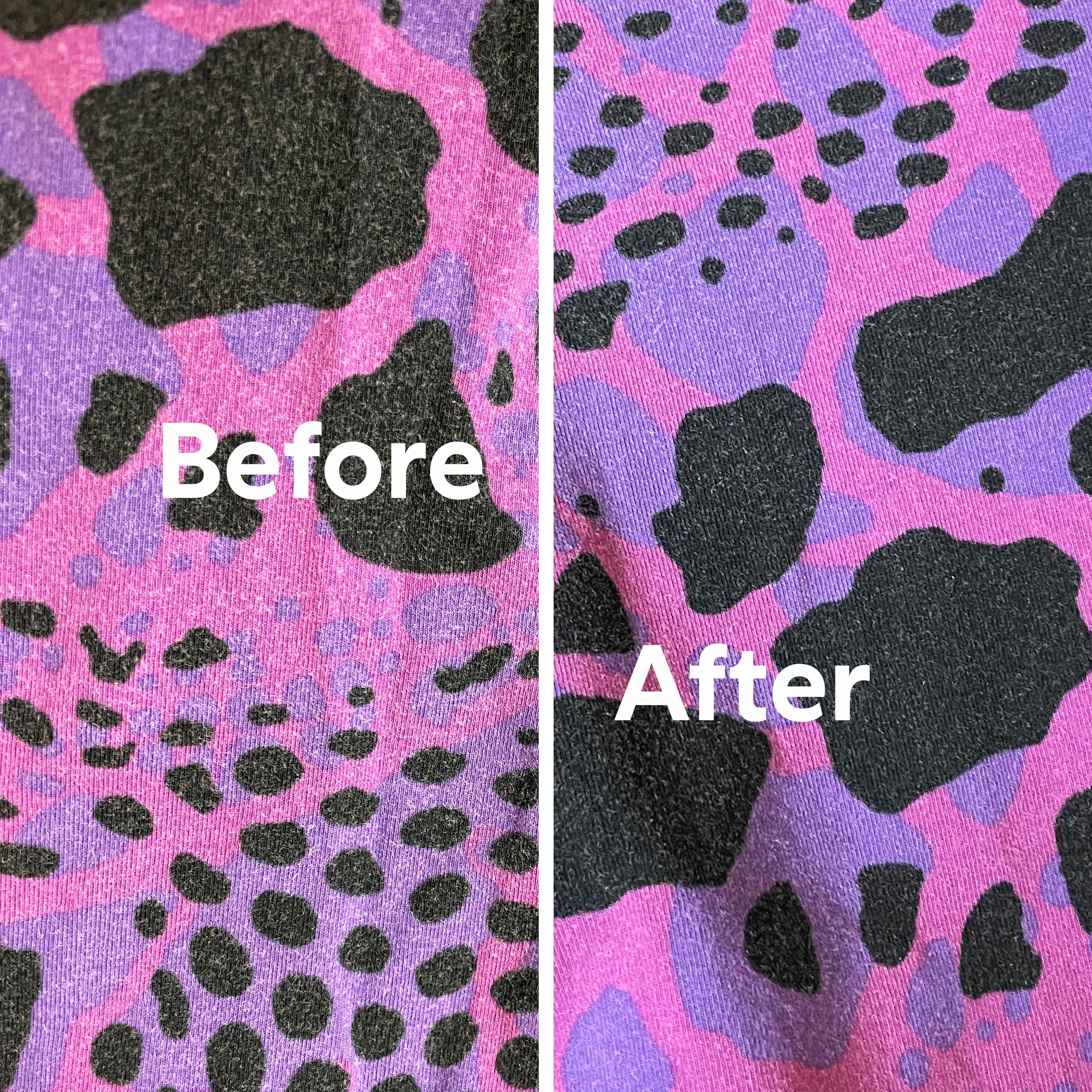  Before and after image of a pair of purple leggings with a black animal pattern that have regained brighter colors in the pattern and less pilling after washing with BIORESTORE.